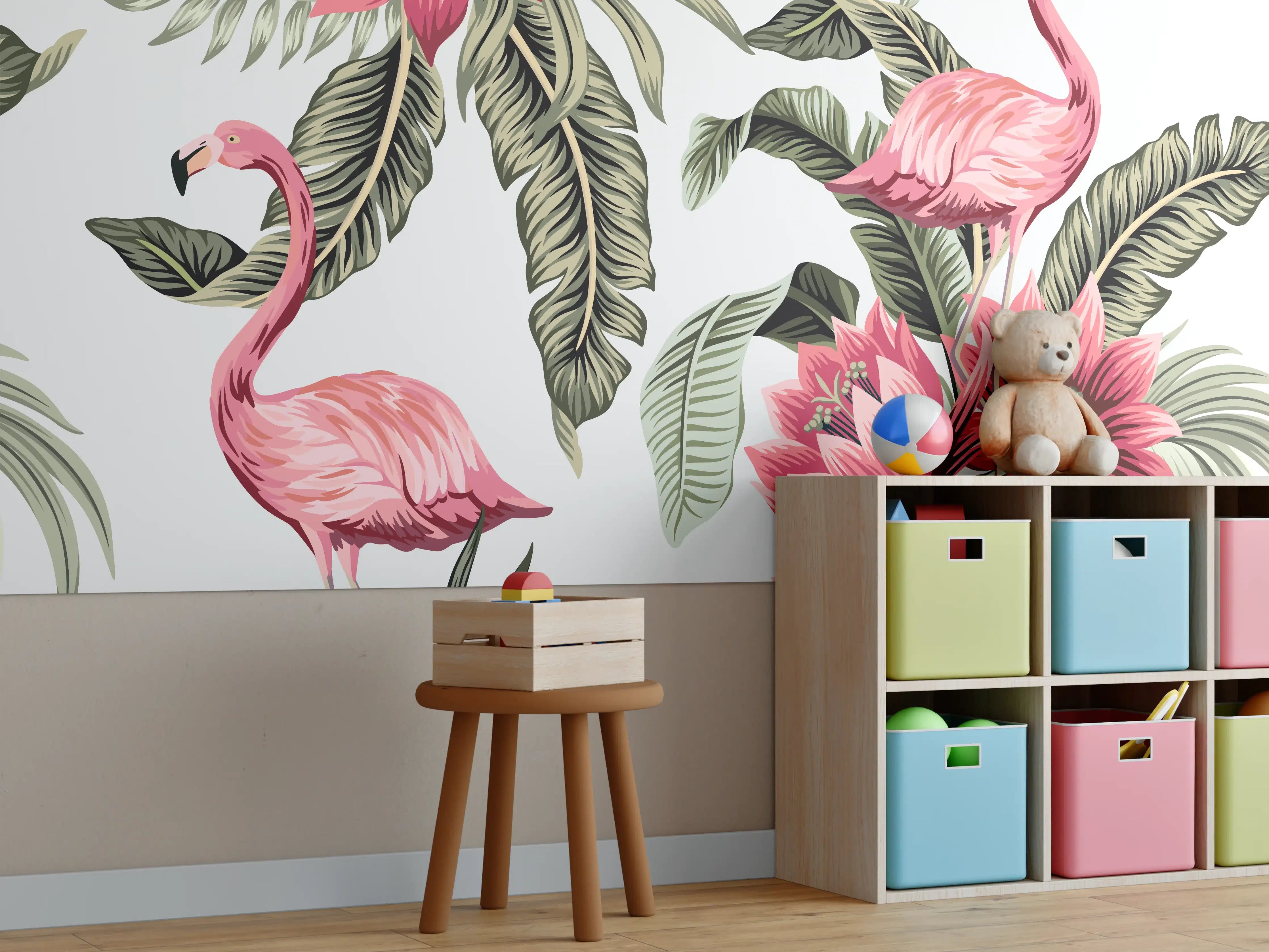 Kinderzimmer Wandgestaltung - Tropischer Flamingo-Blumen-Print
