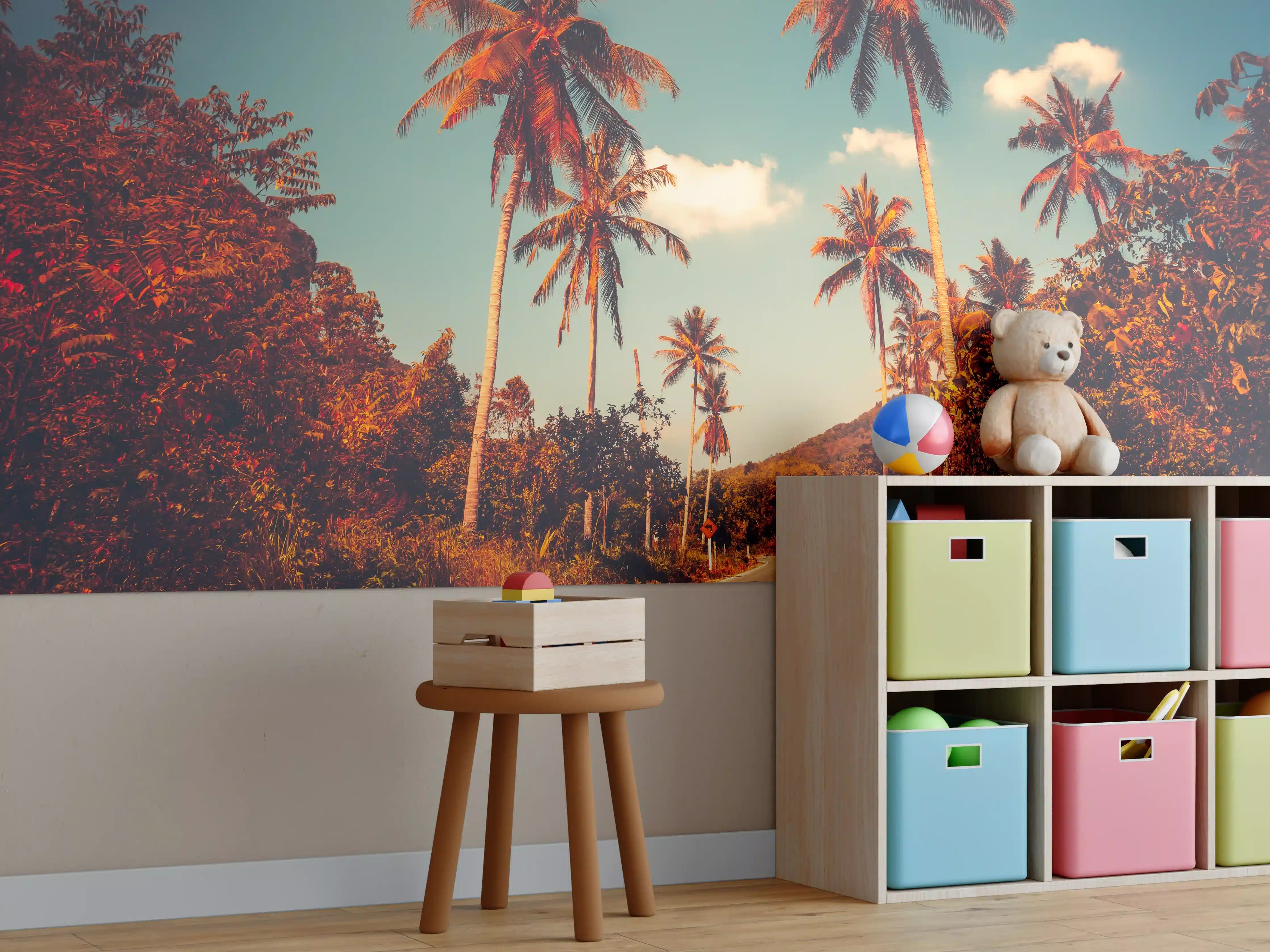 Kinderzimmer Wandgestaltung - Tropischer Sonnenuntergang mit Palmen