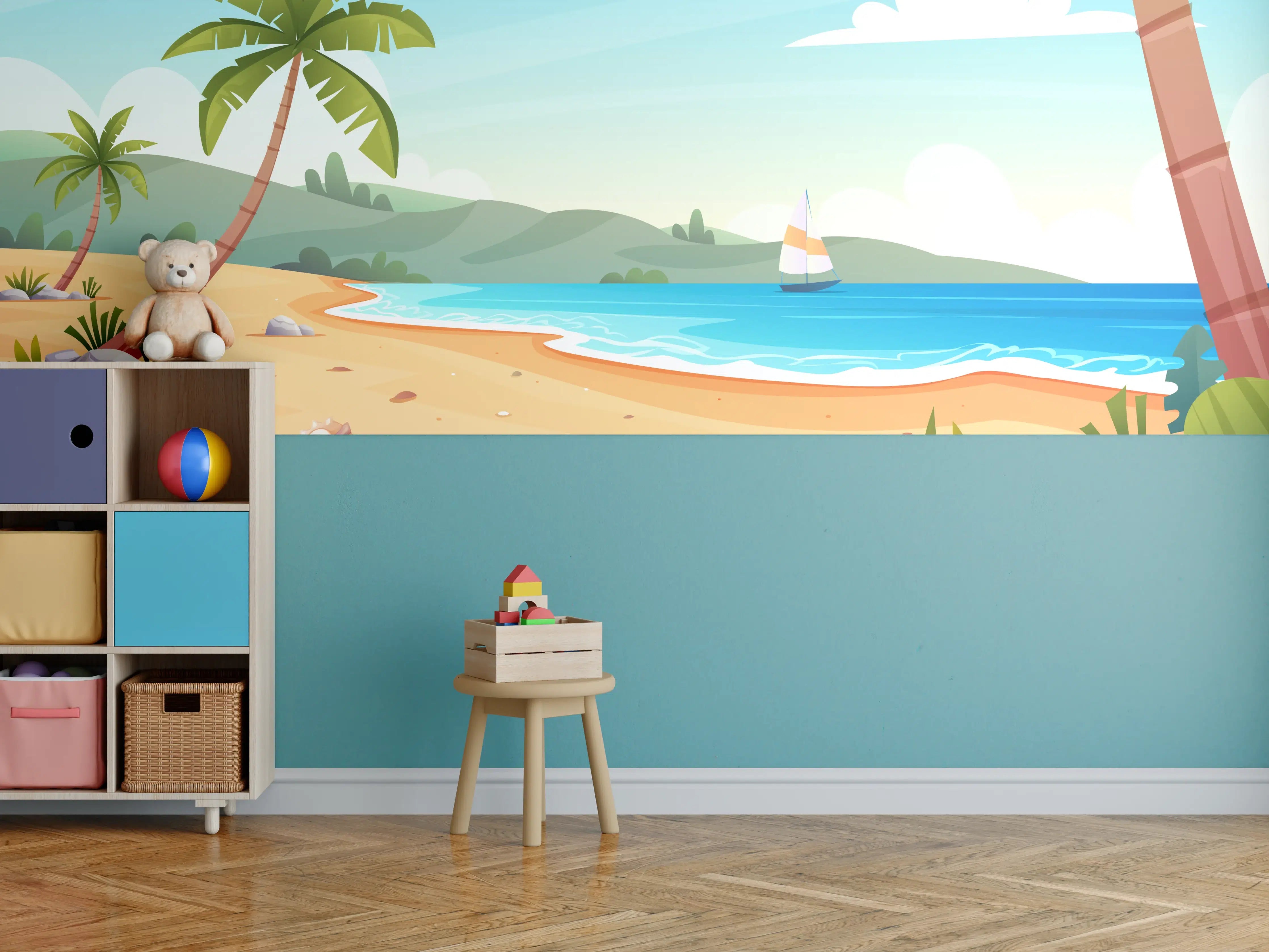 Kinderzimmer Wandgestaltung - Tropischer Strand mit Palmen und Meer