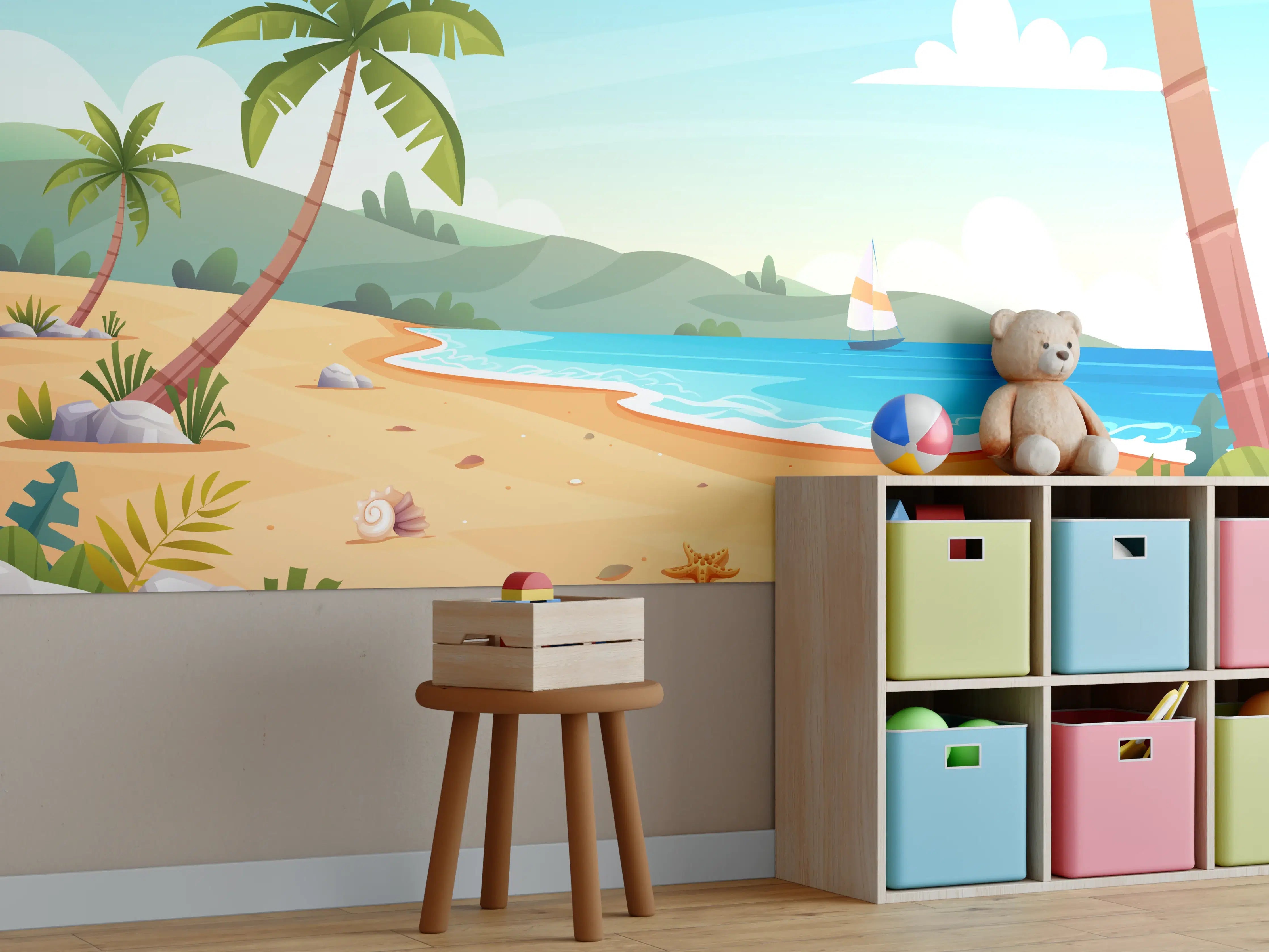 Kinderzimmer Wandgestaltung - Tropischer Strand mit Palmen und Meer