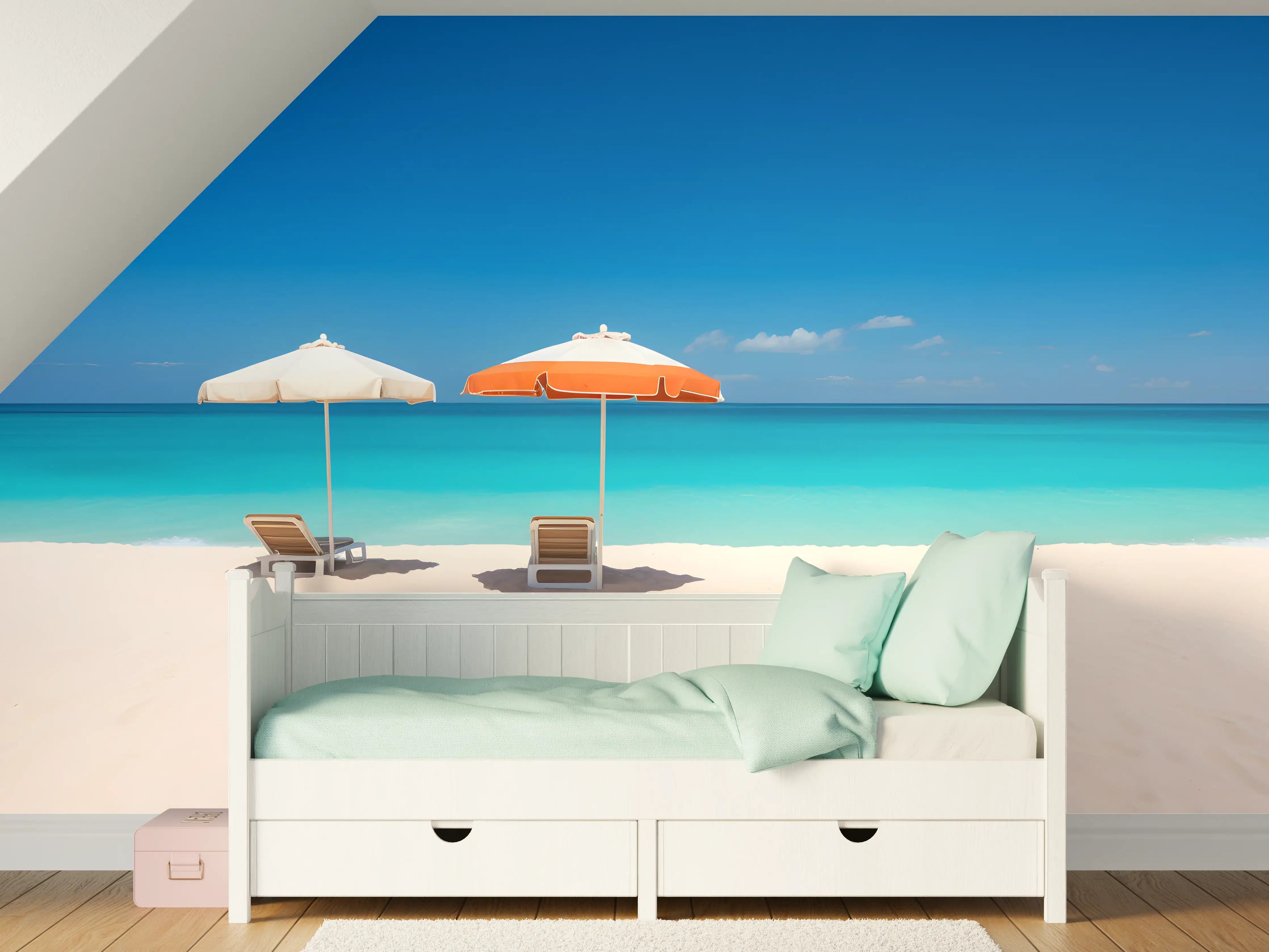 Kinderzimmer Wandgestaltung - Tropischer Strand mit Sonnenschirmen