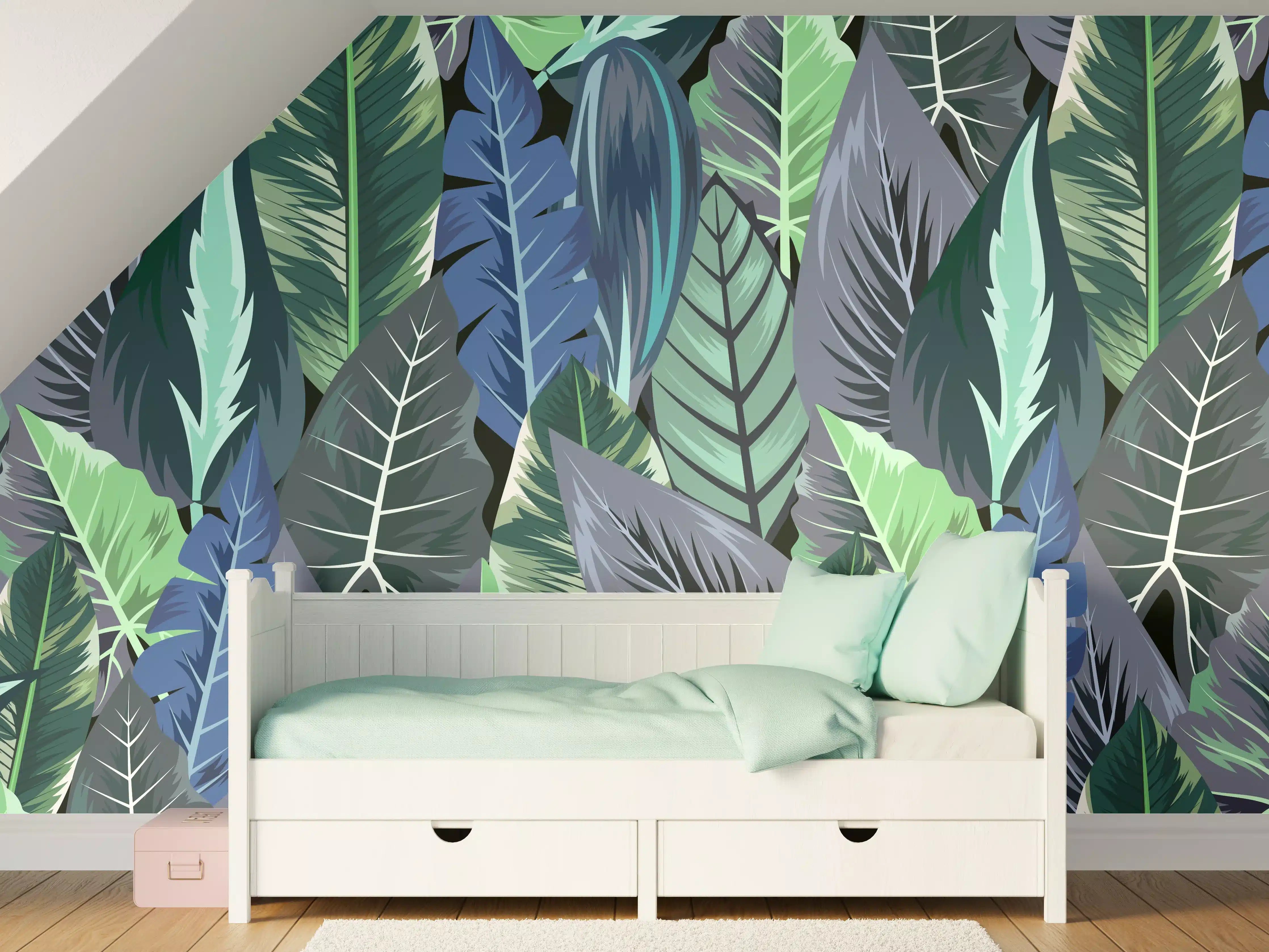 Kinderzimmer Wandgestaltung - Tropisches Blatt-Labyrinth Grün-Blau