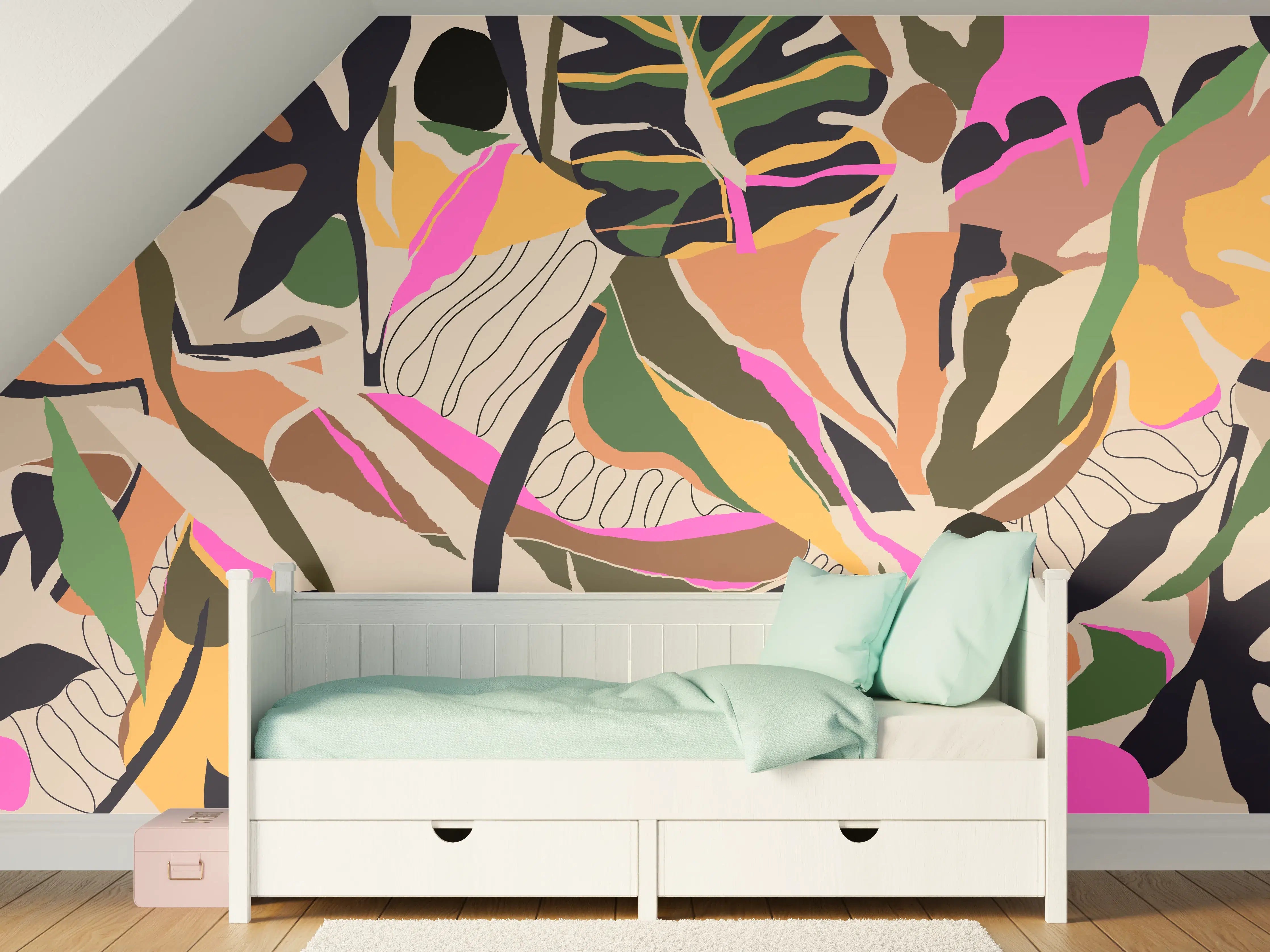 Kinderzimmer Wandgestaltung - Tropisches Blattmuster Beige-Pink