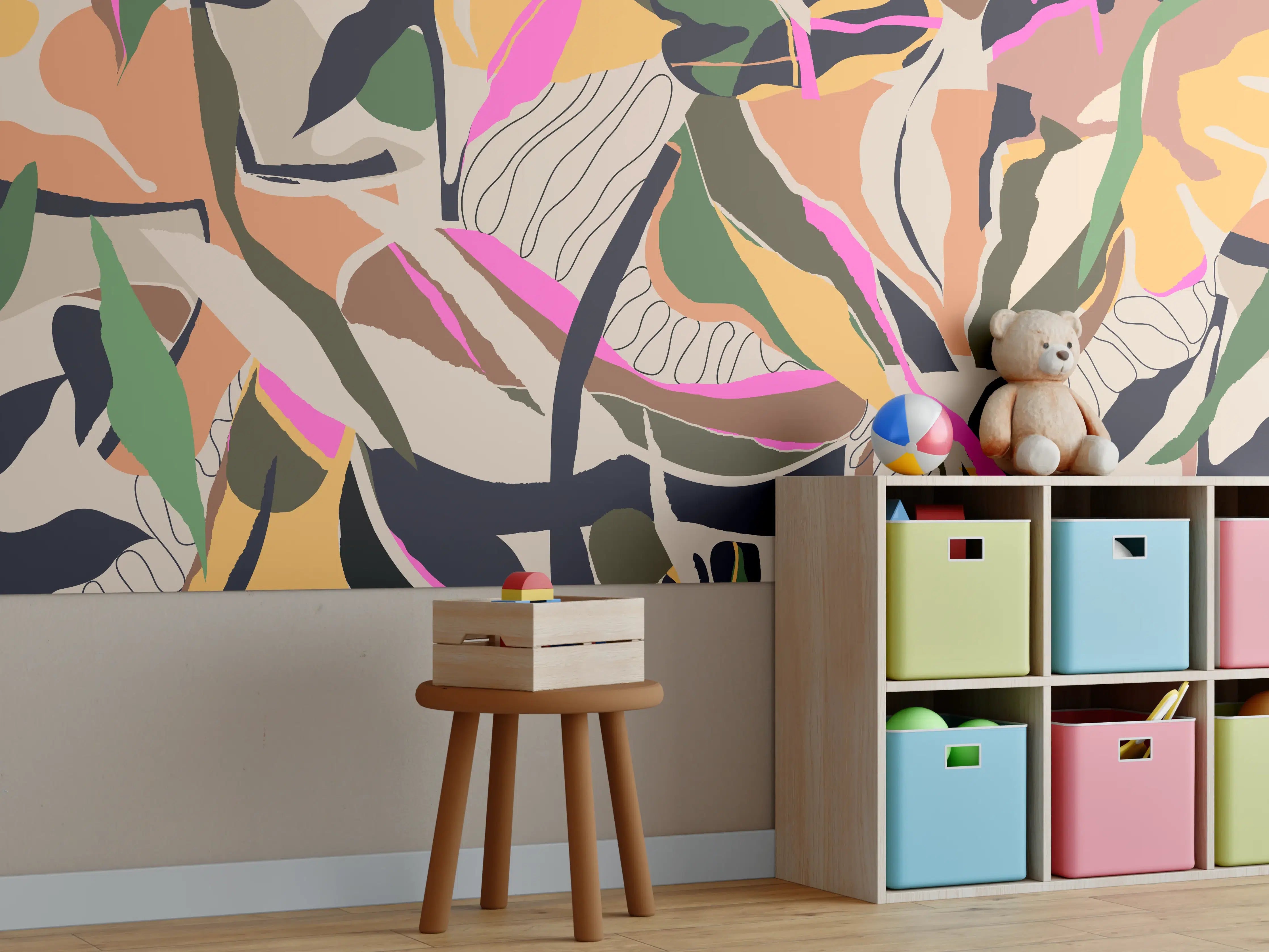 Kinderzimmer Wandgestaltung - Tropisches Blattmuster Beige-Pink