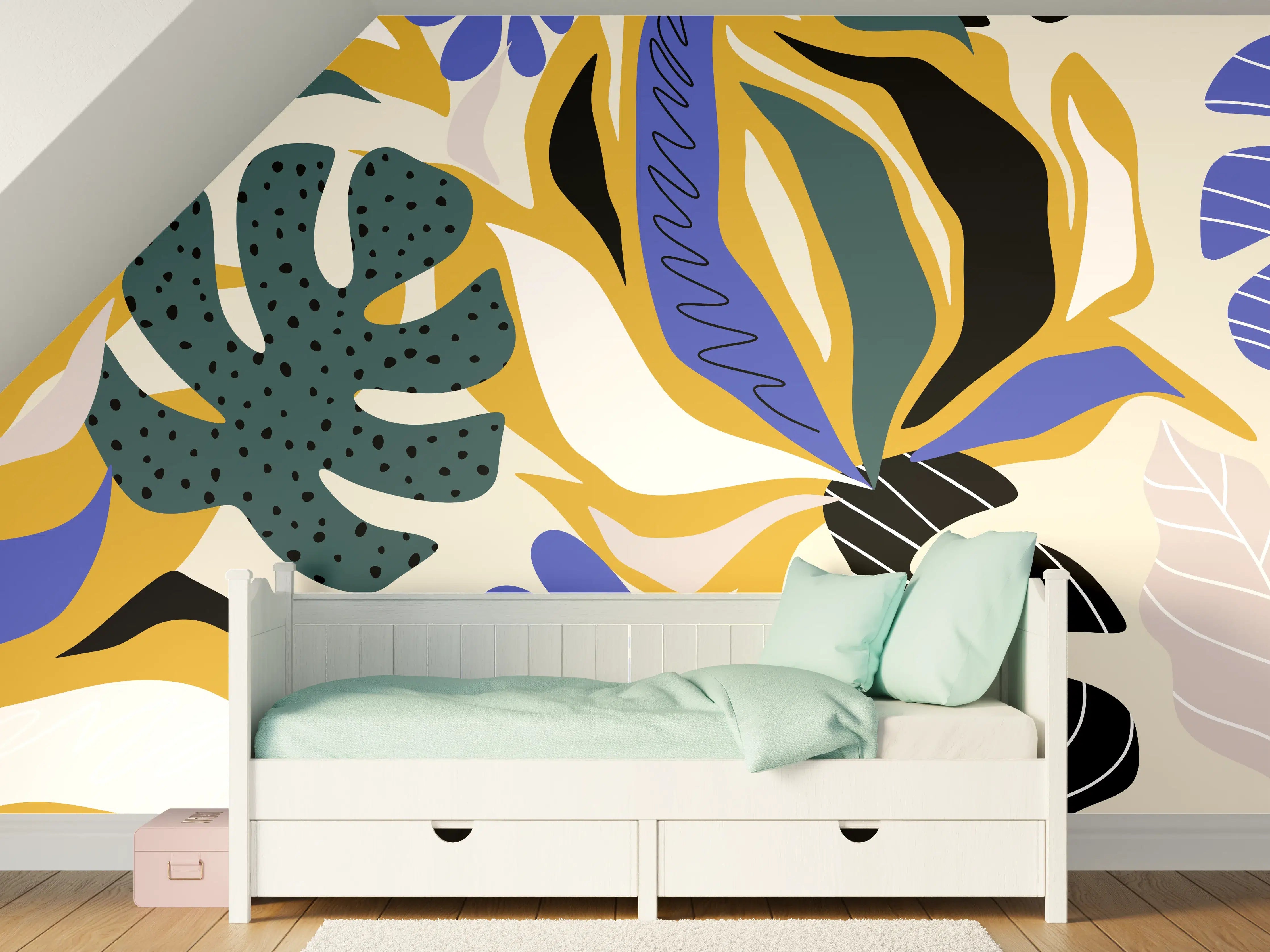 Kinderzimmer Wandgestaltung - Tropisches Blattmuster Gelb-Blau