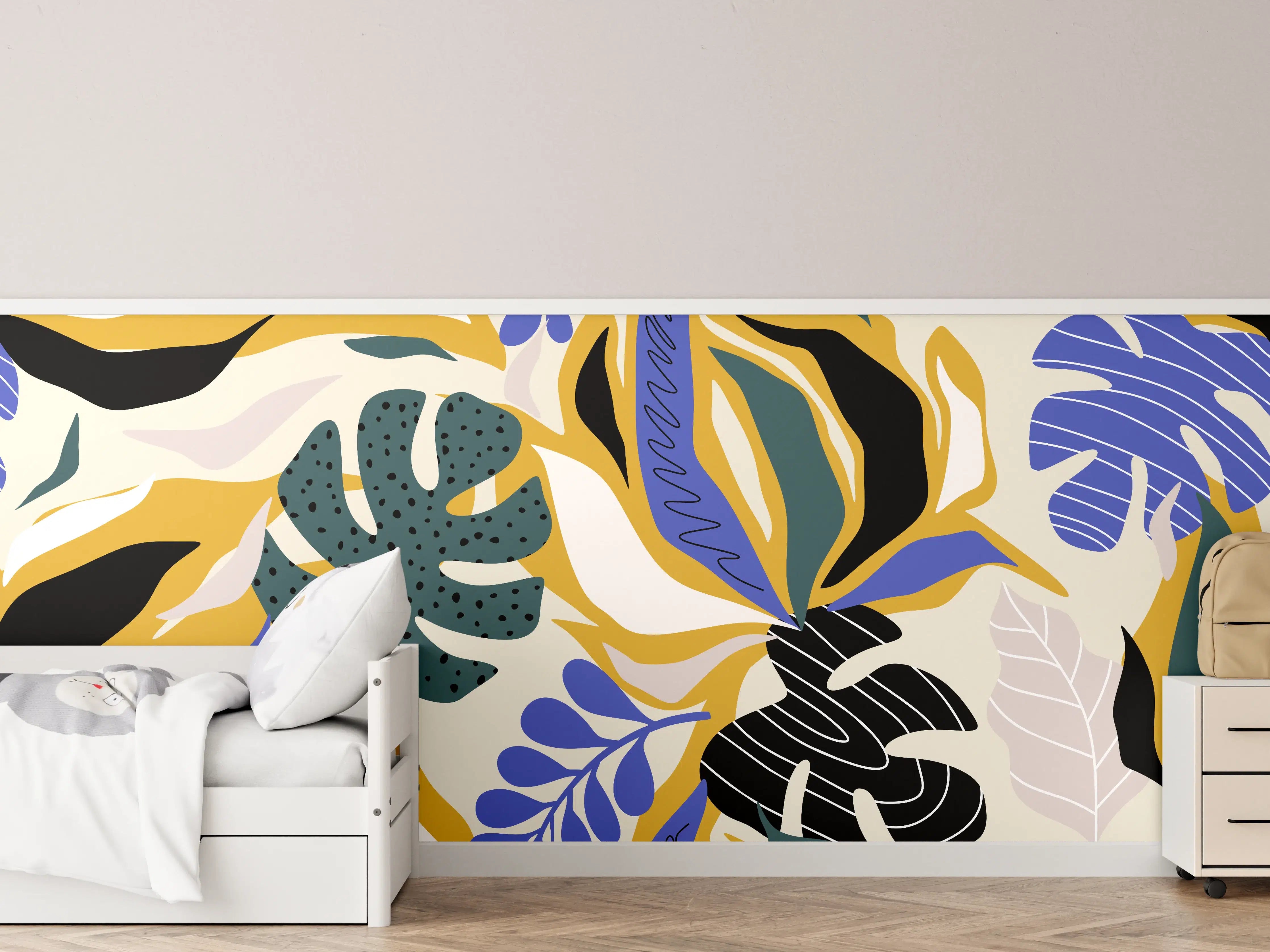 Kinderzimmer Wandgestaltung - Tropisches Blattmuster Gelb-Blau