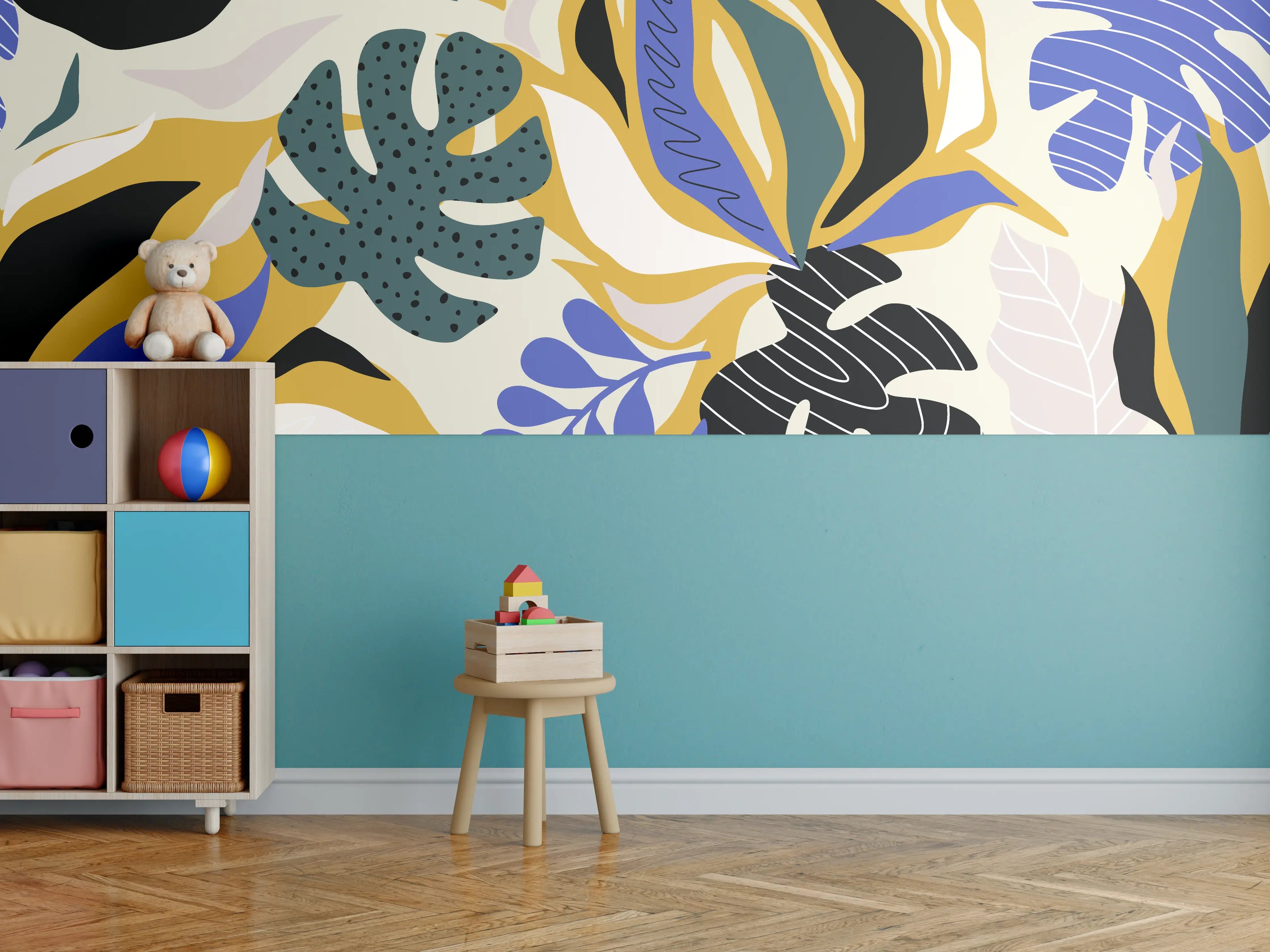 Kinderzimmer Wandgestaltung - Tropisches Blattmuster Gelb-Blau