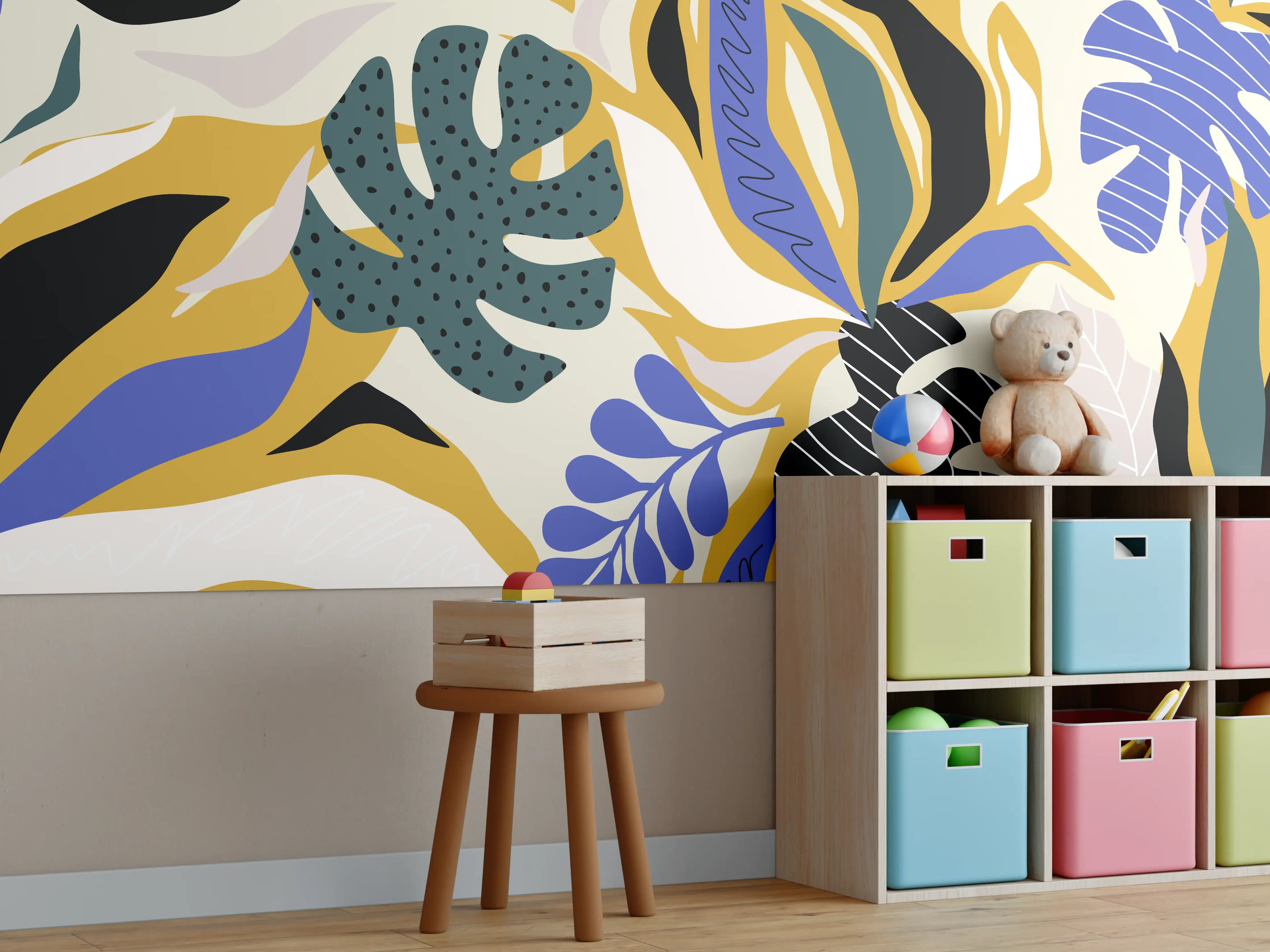 Kinderzimmer Wandgestaltung - Tropisches Blattmuster Gelb-Blau