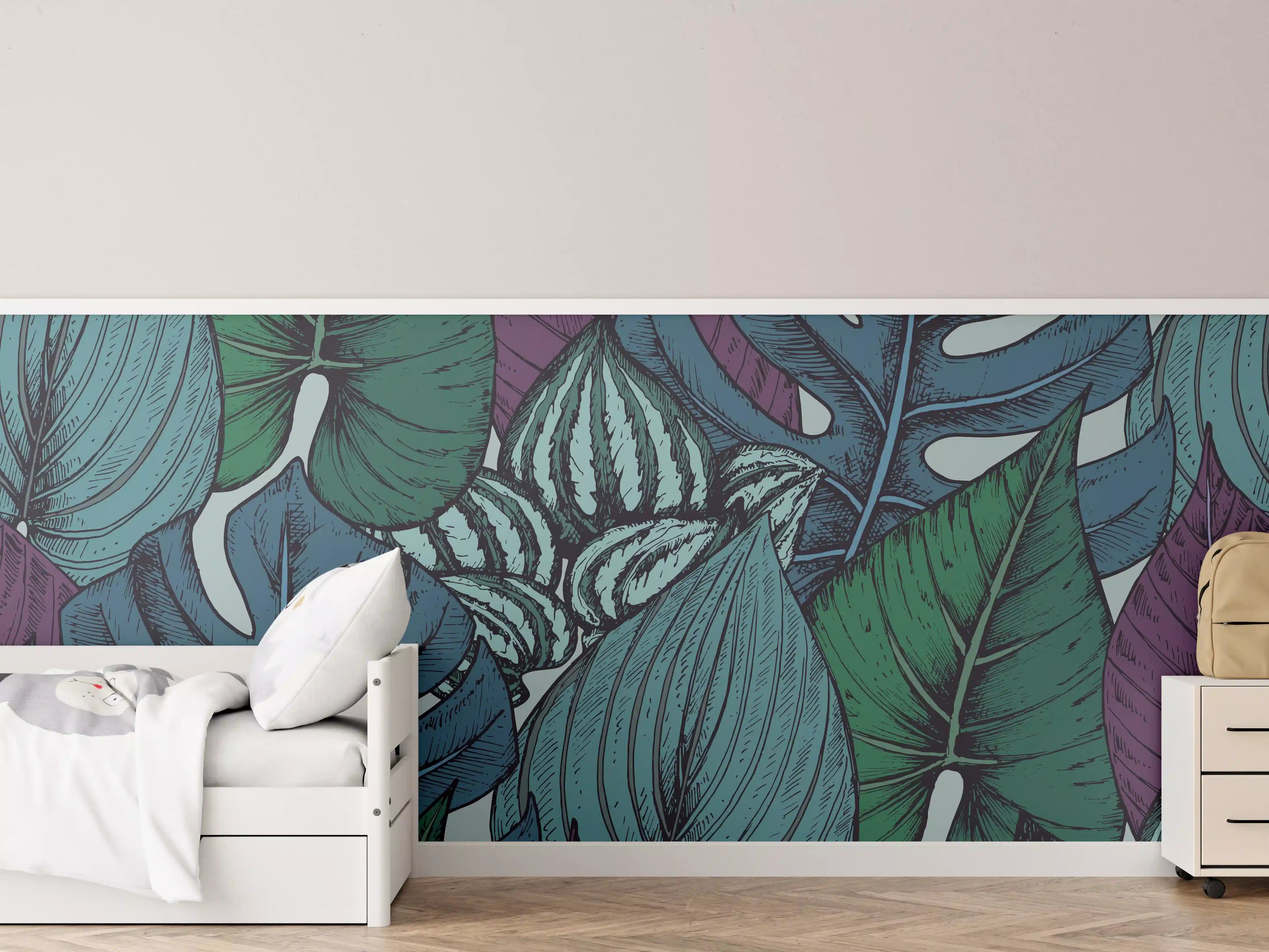 Kinderzimmer Wandgestaltung - Tropisches Blattmuster Türkis-Lila