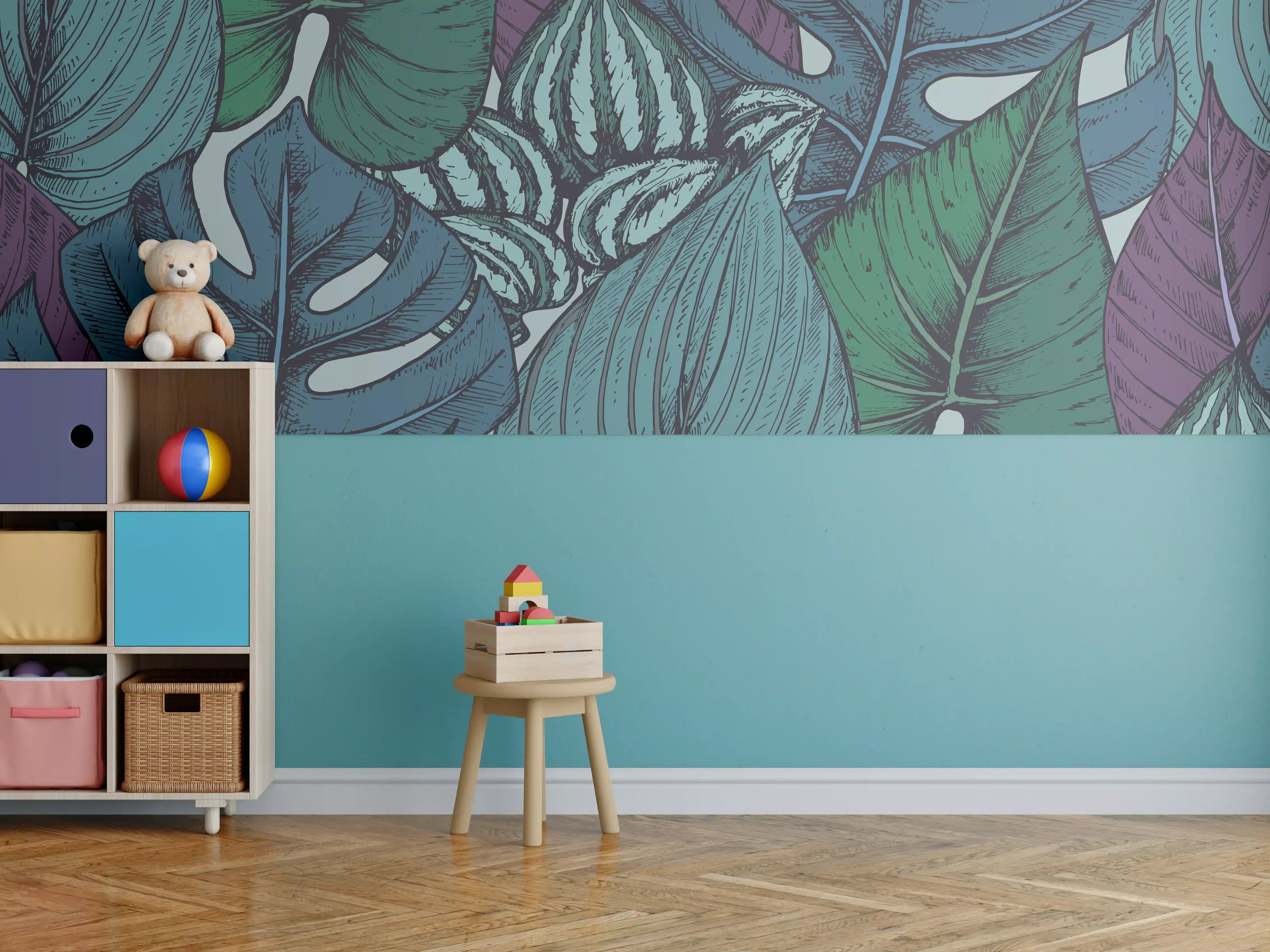 Kinderzimmer Wandgestaltung - Tropisches Blattmuster Türkis-Lila