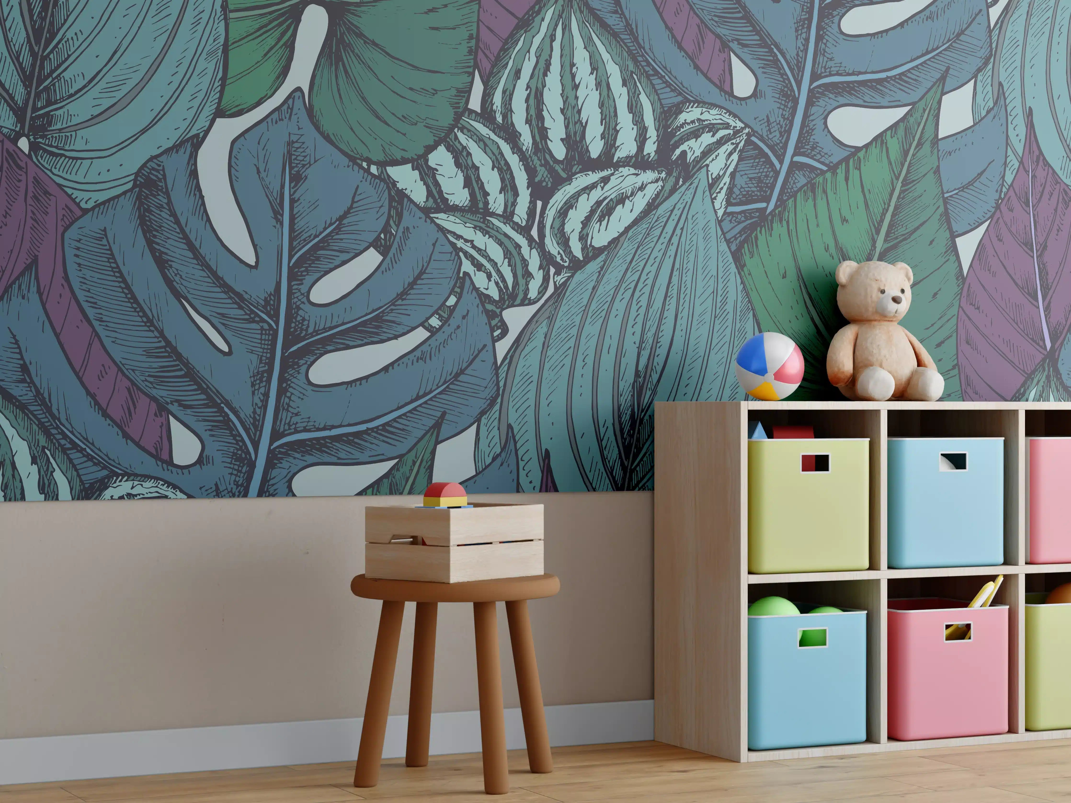Kinderzimmer Wandgestaltung - Tropisches Blattmuster Türkis-Lila