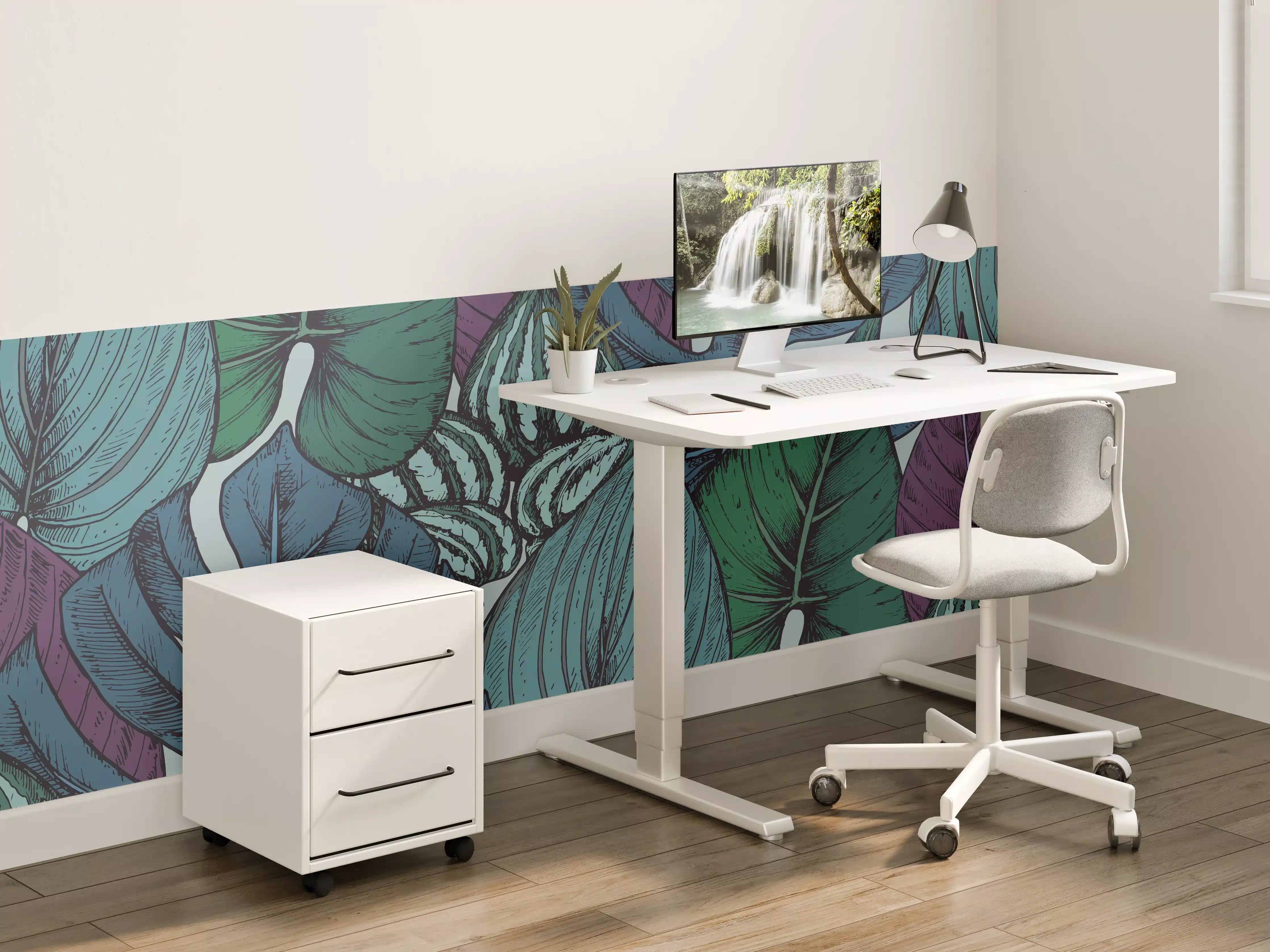 Kinderzimmer Wandgestaltung - Tropisches Blattmuster Türkis-Lila