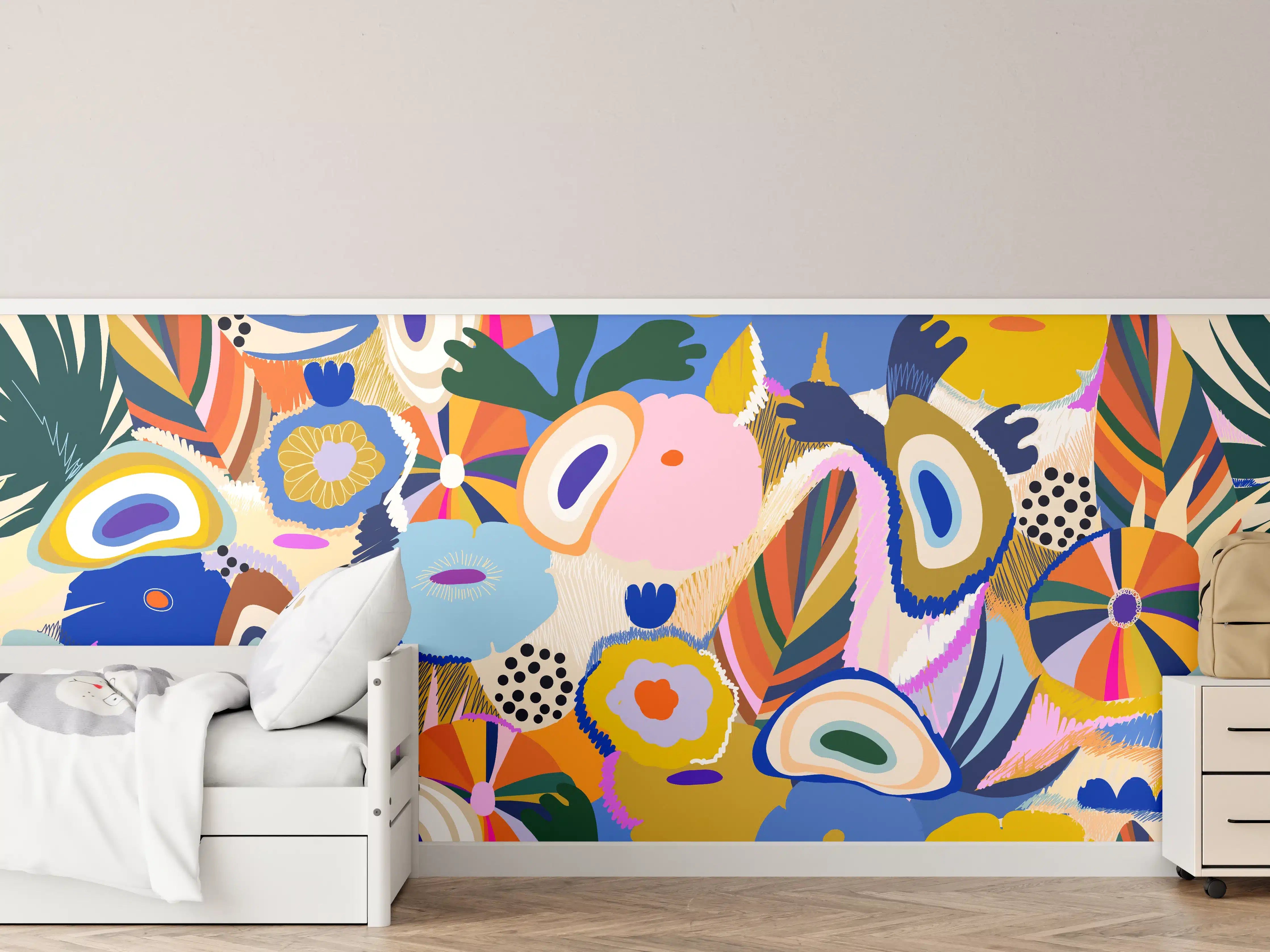 Kinderzimmer Wandgestaltung - Tropisches Blumen-Abstract Bunt