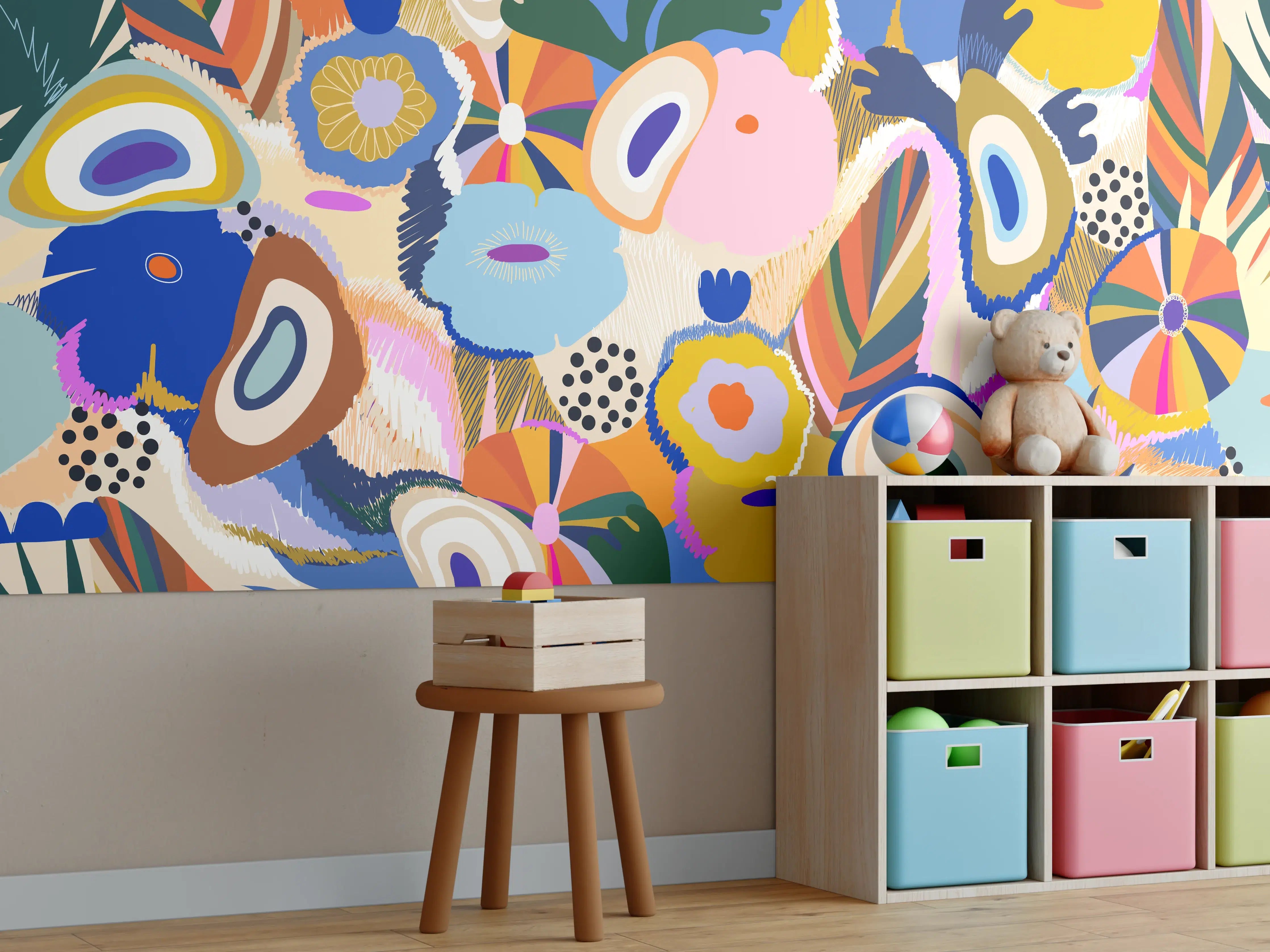 Kinderzimmer Wandgestaltung - Tropisches Blumen-Abstract Bunt