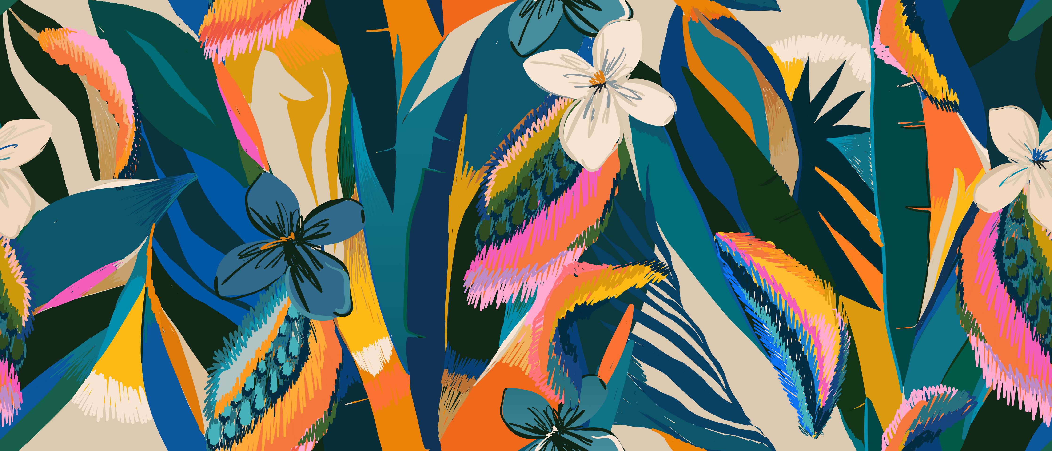 Kinderzimmer Wandgestaltung-Tropisches Blumenmuster Blau-Orange