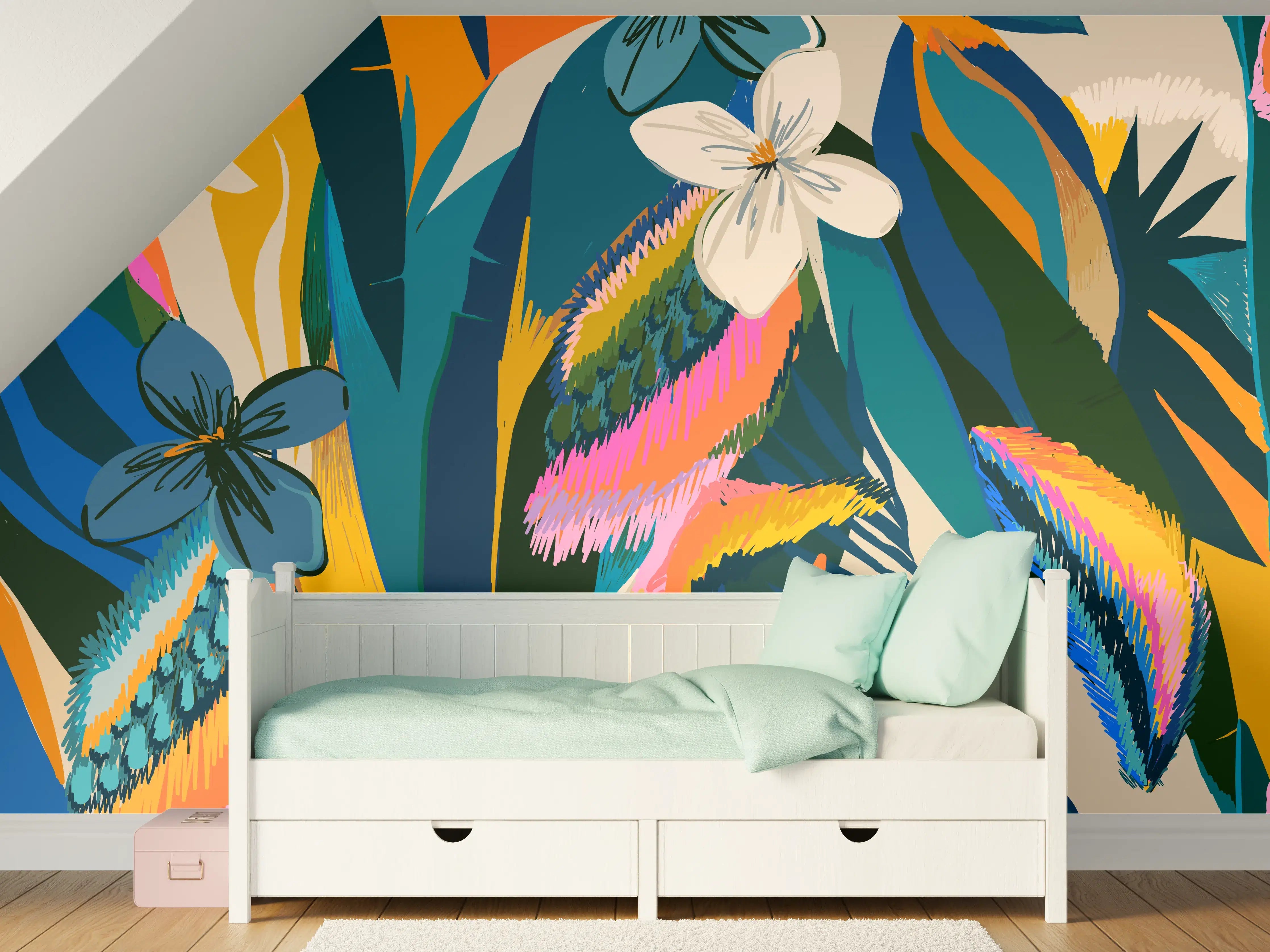 Kinderzimmer Wandgestaltung - Tropisches Blumenmuster Blau-Orange