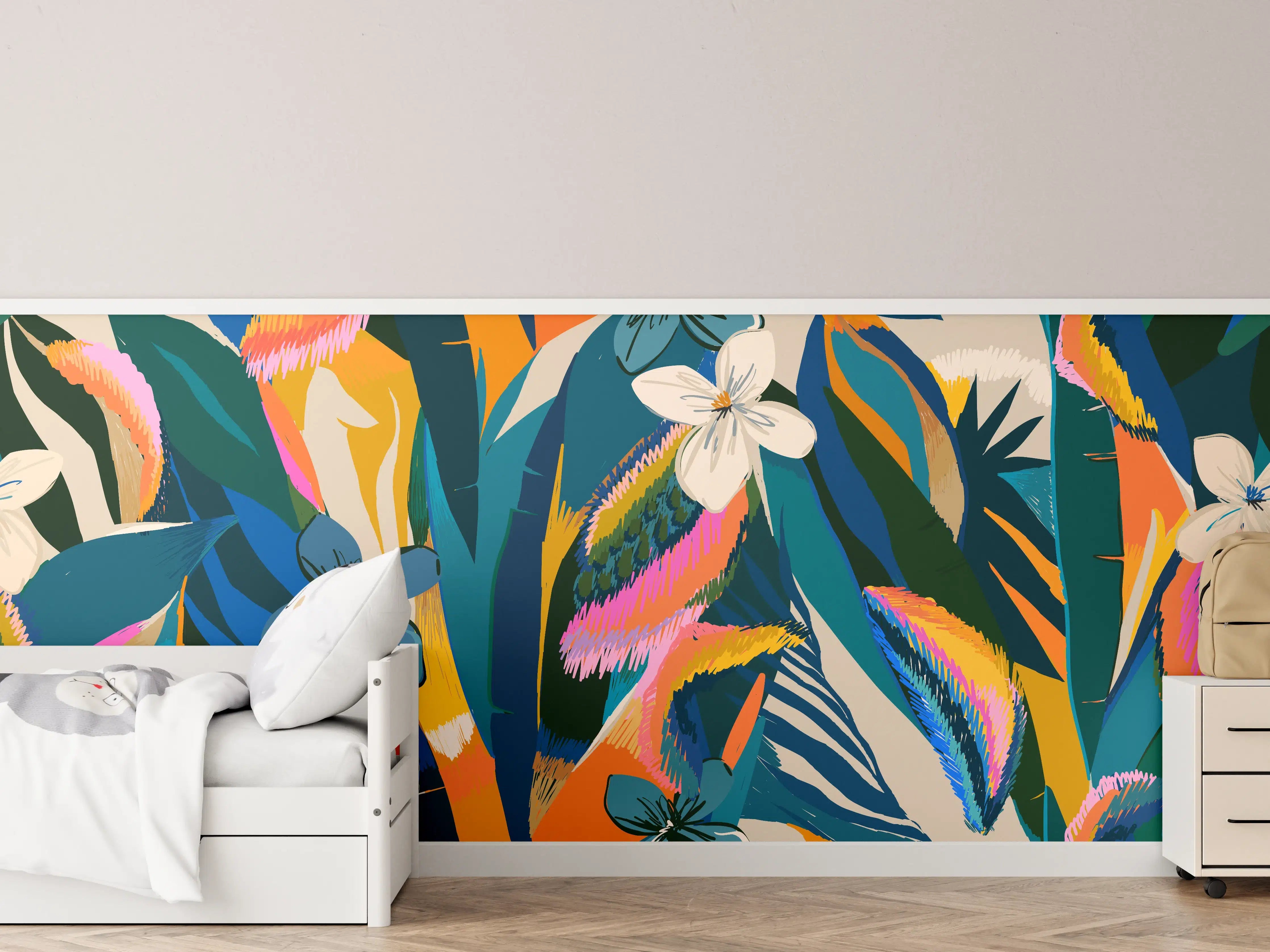 Kinderzimmer Wandgestaltung - Tropisches Blumenmuster Blau-Orange