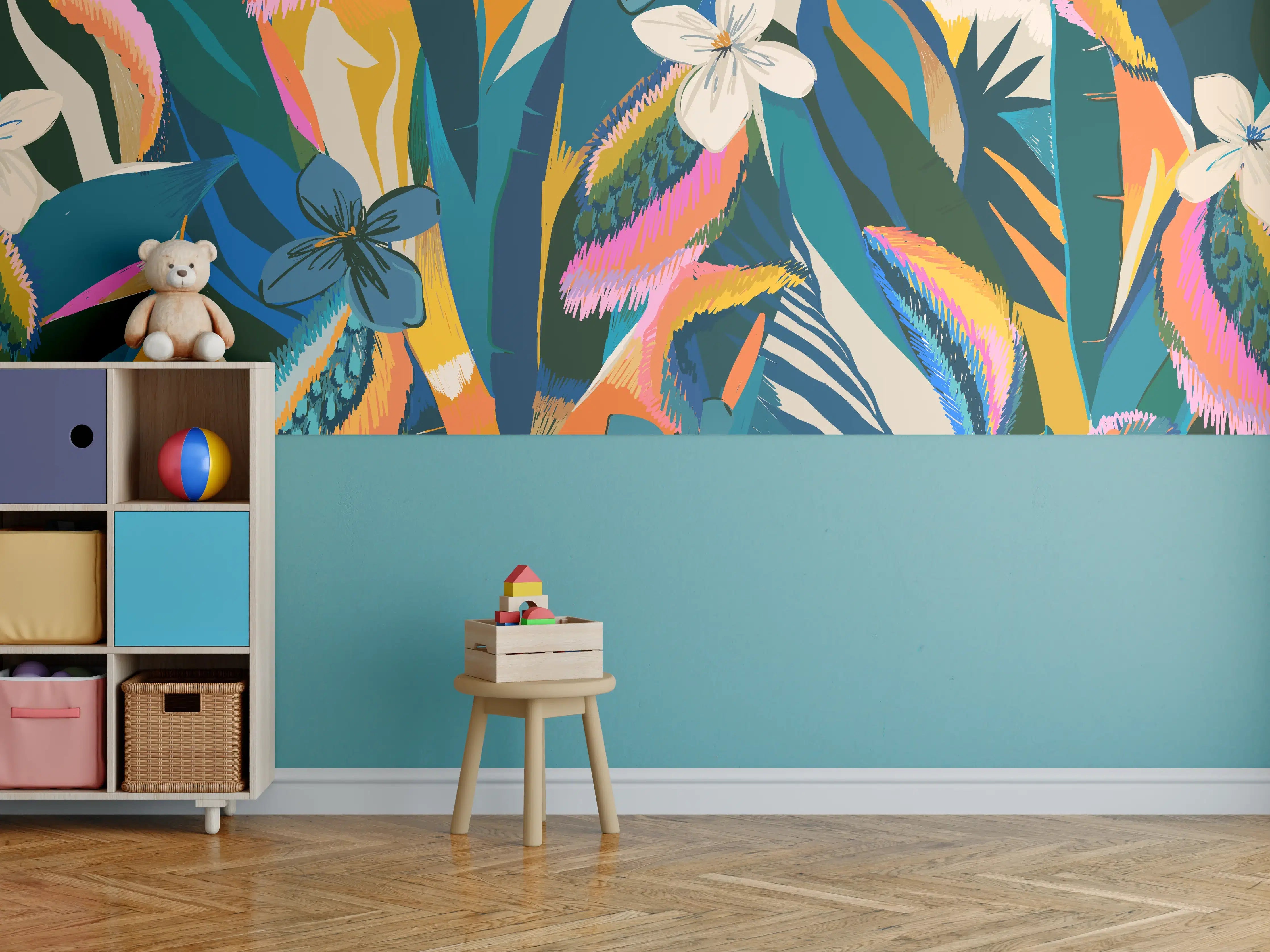Kinderzimmer Wandgestaltung - Tropisches Blumenmuster Blau-Orange