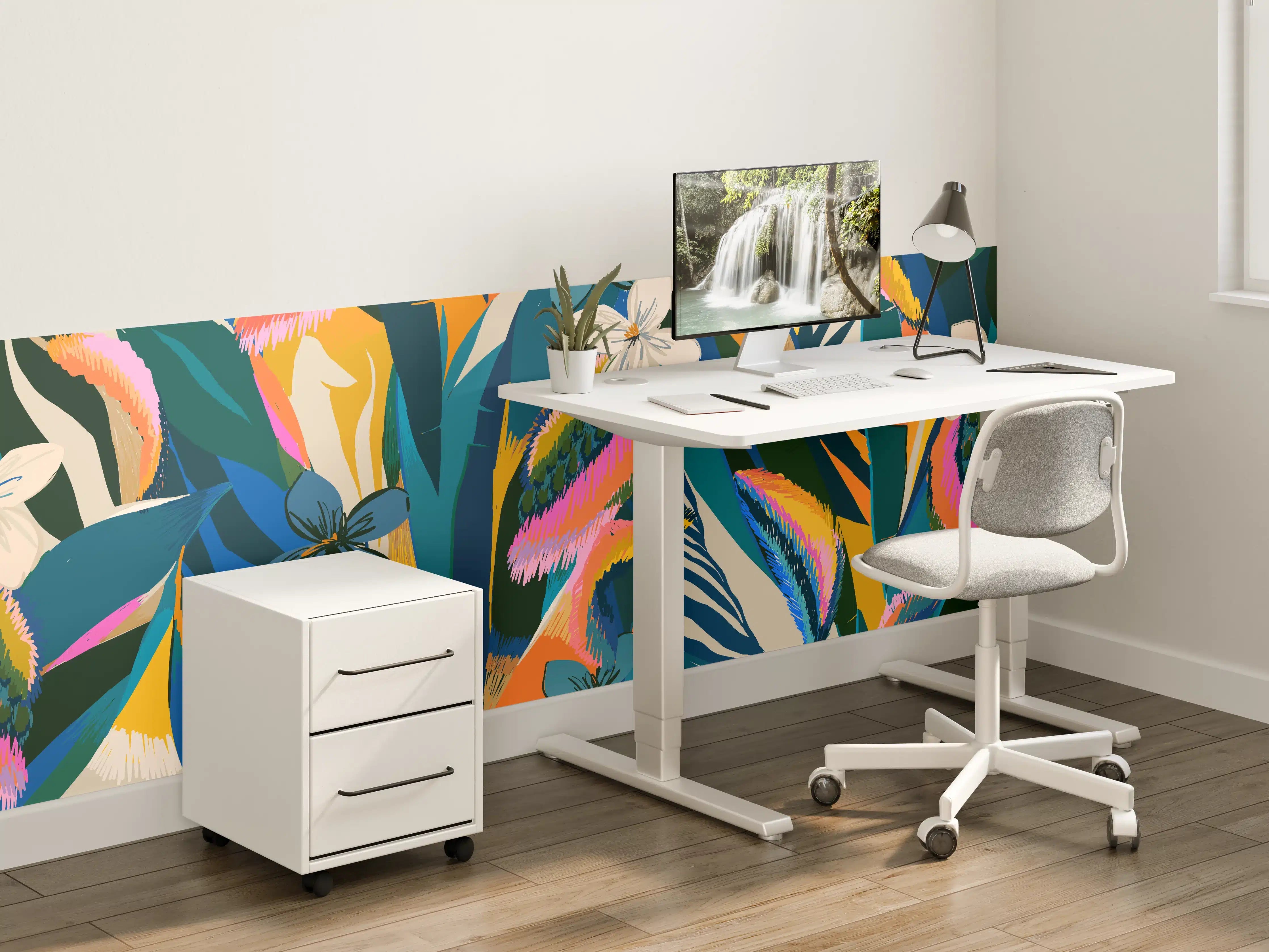 Kinderzimmer Wandgestaltung - Tropisches Blumenmuster Blau-Orange