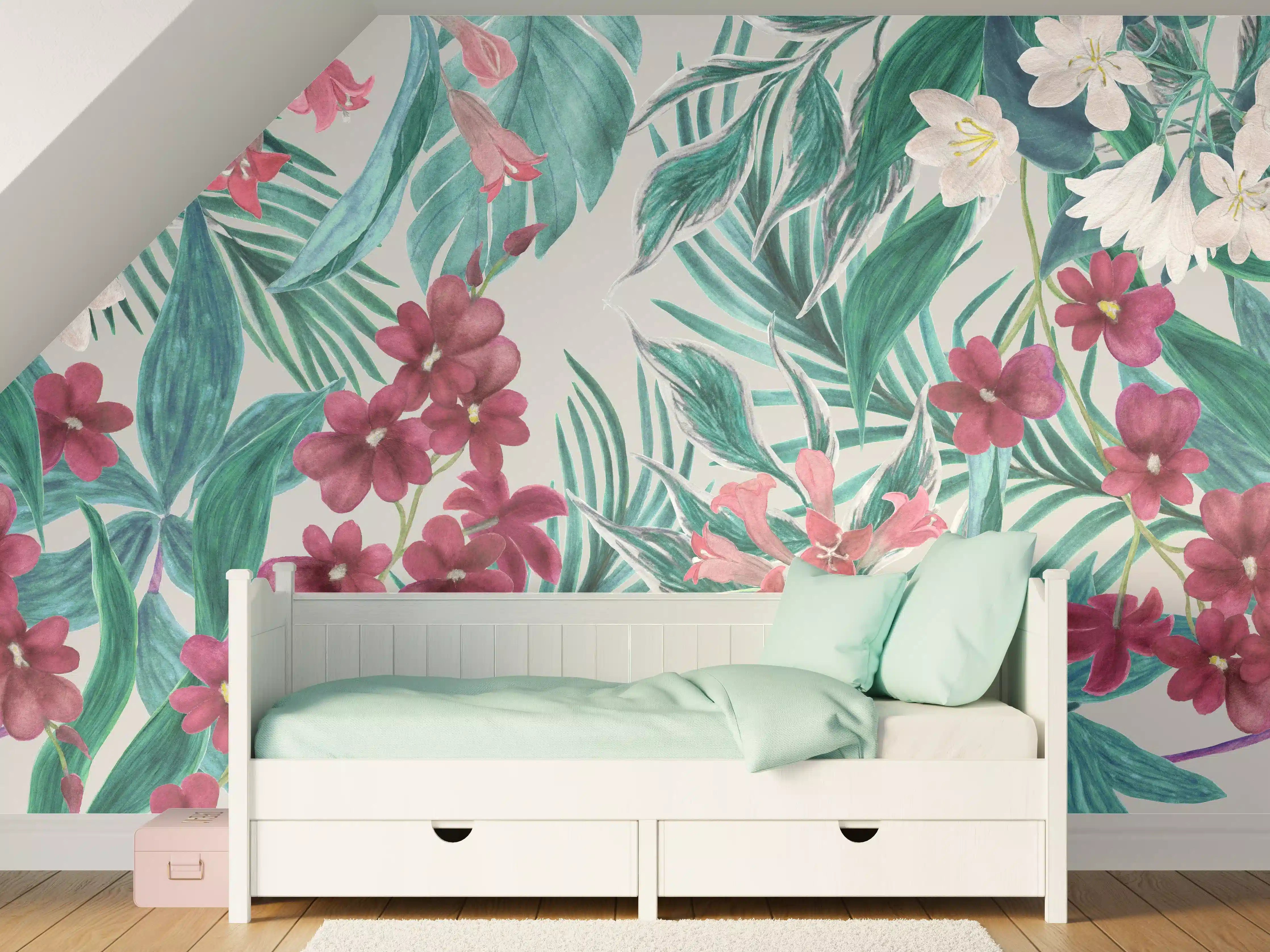 Kinderzimmer Wandgestaltung - Tropisches Blumenmuster Rosa-Grau