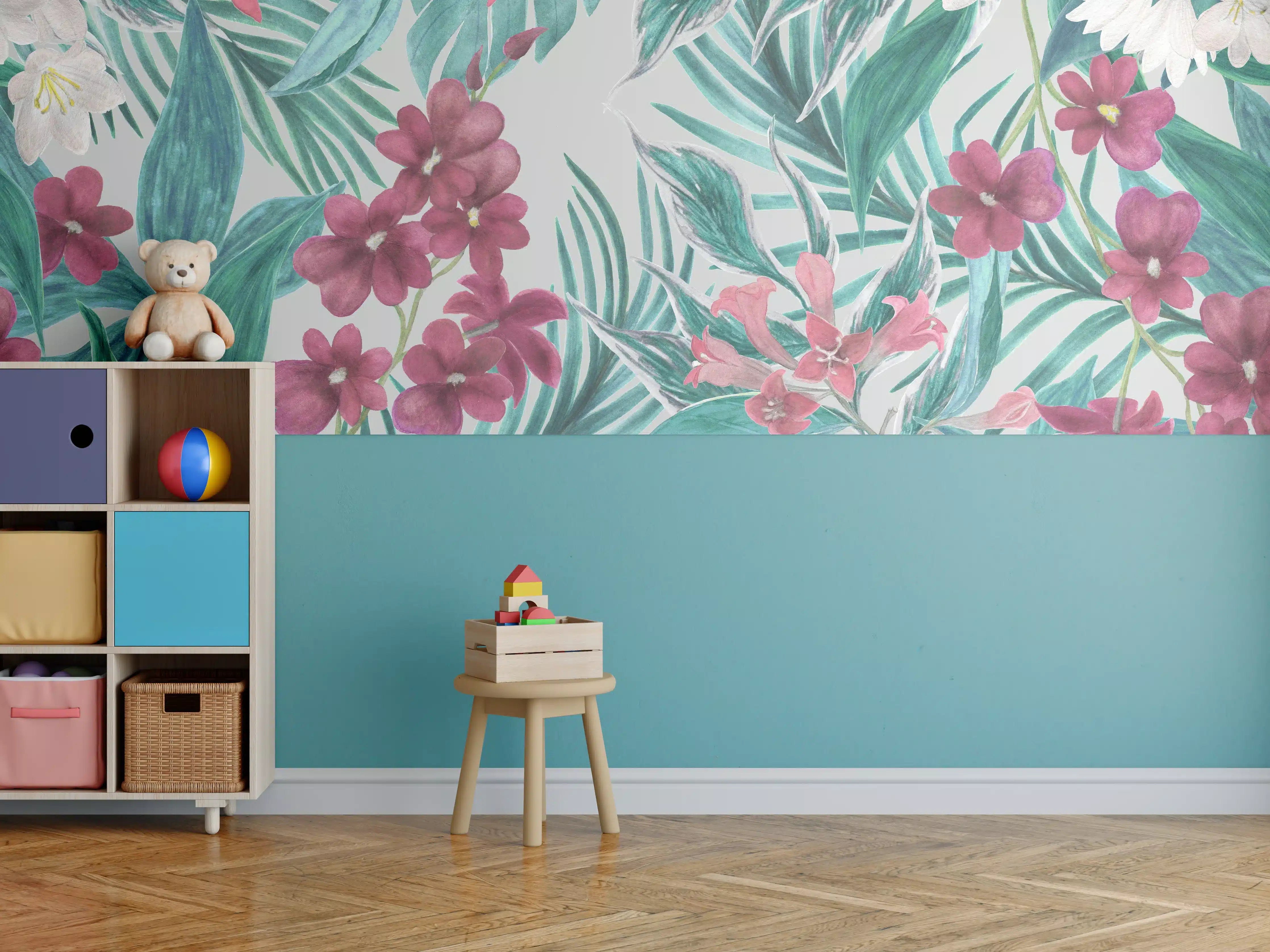 Kinderzimmer Wandgestaltung - Tropisches Blumenmuster Rosa-Grau