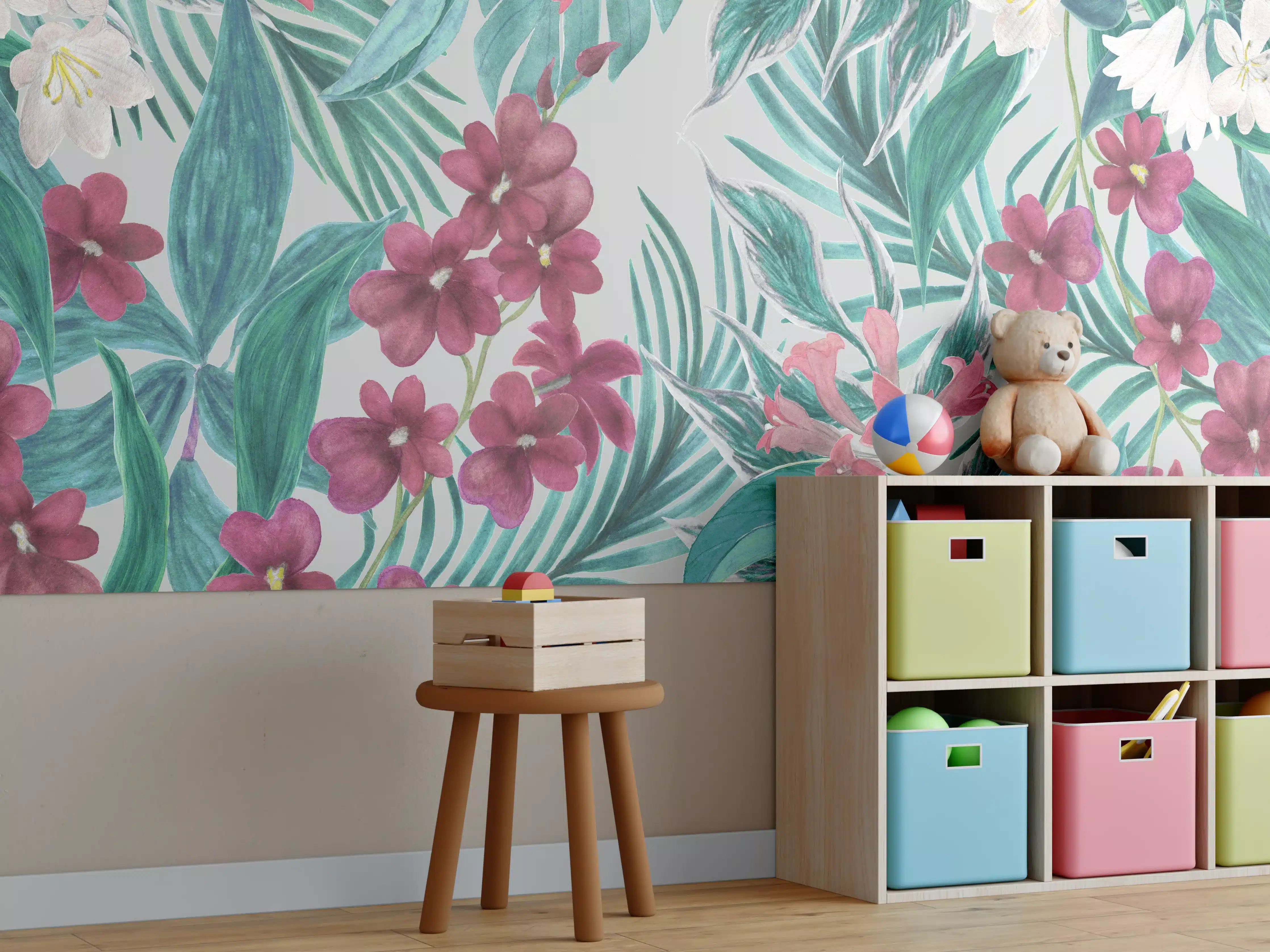 Kinderzimmer Wandgestaltung - Tropisches Blumenmuster Rosa-Grau
