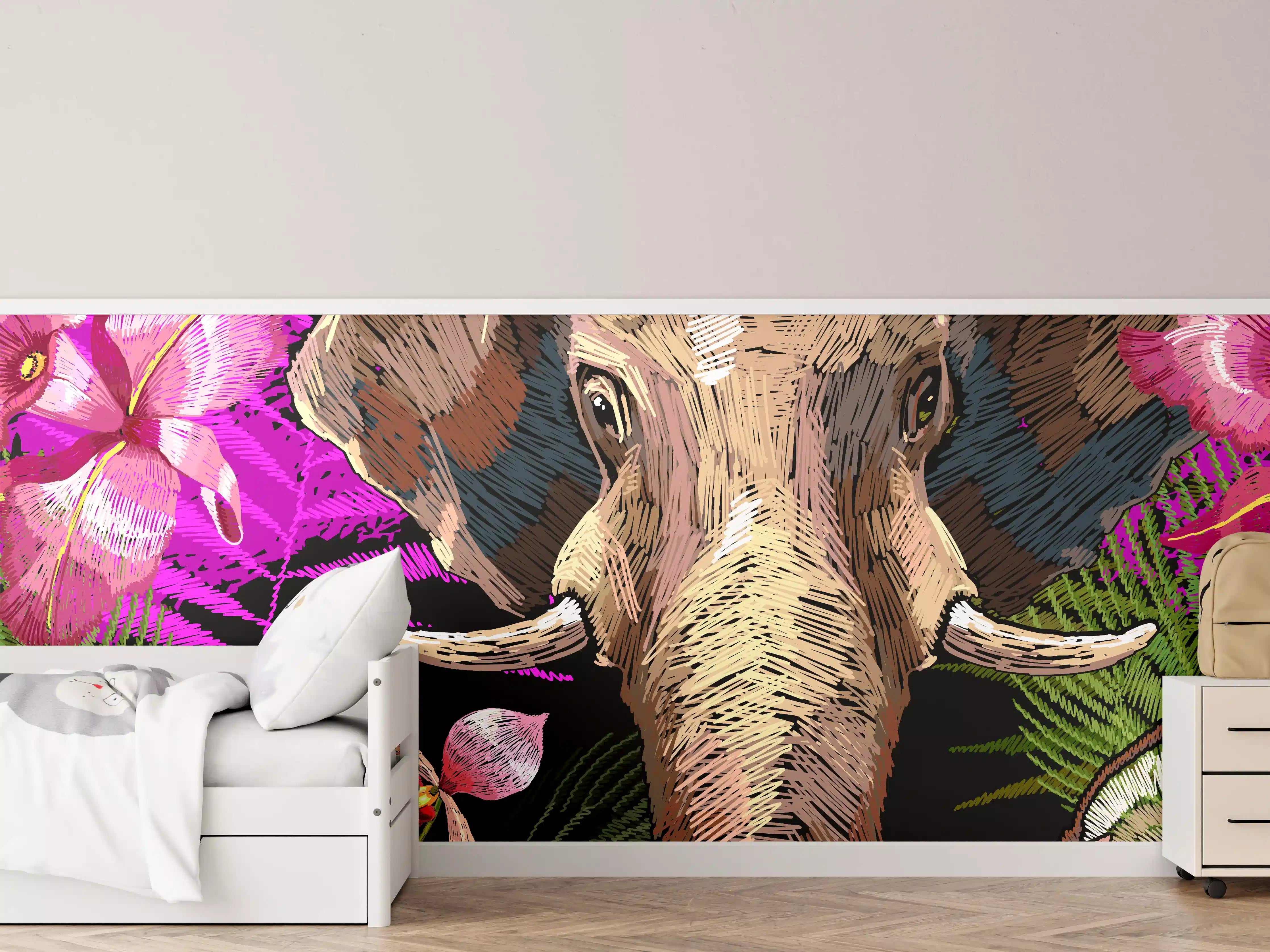 Kinderzimmer Wandgestaltung - Tropisches Elefanten-Orchideen Muster