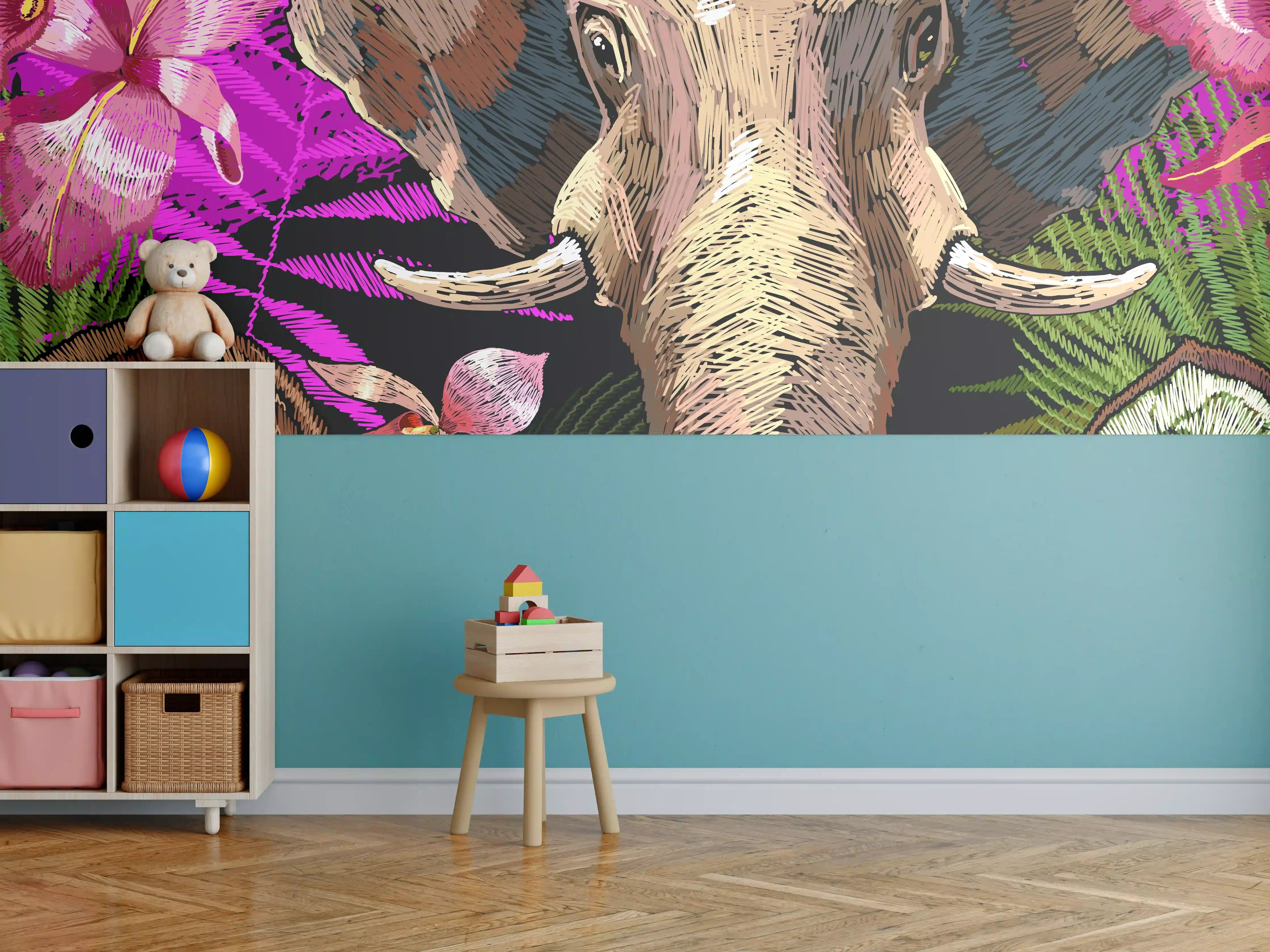 Kinderzimmer Wandgestaltung - Tropisches Elefanten-Orchideen Muster