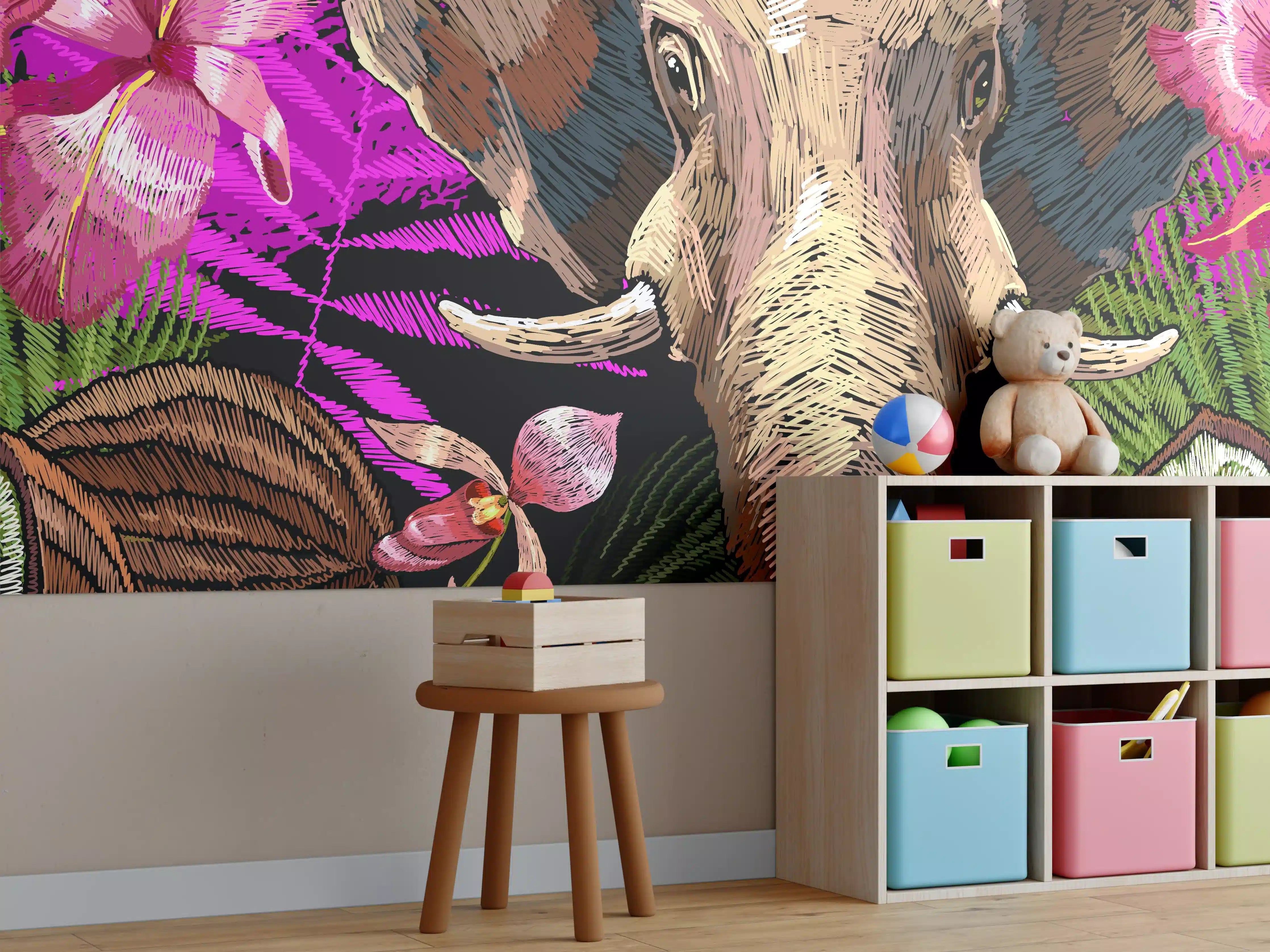 Kinderzimmer Wandgestaltung - Tropisches Elefanten-Orchideen Muster