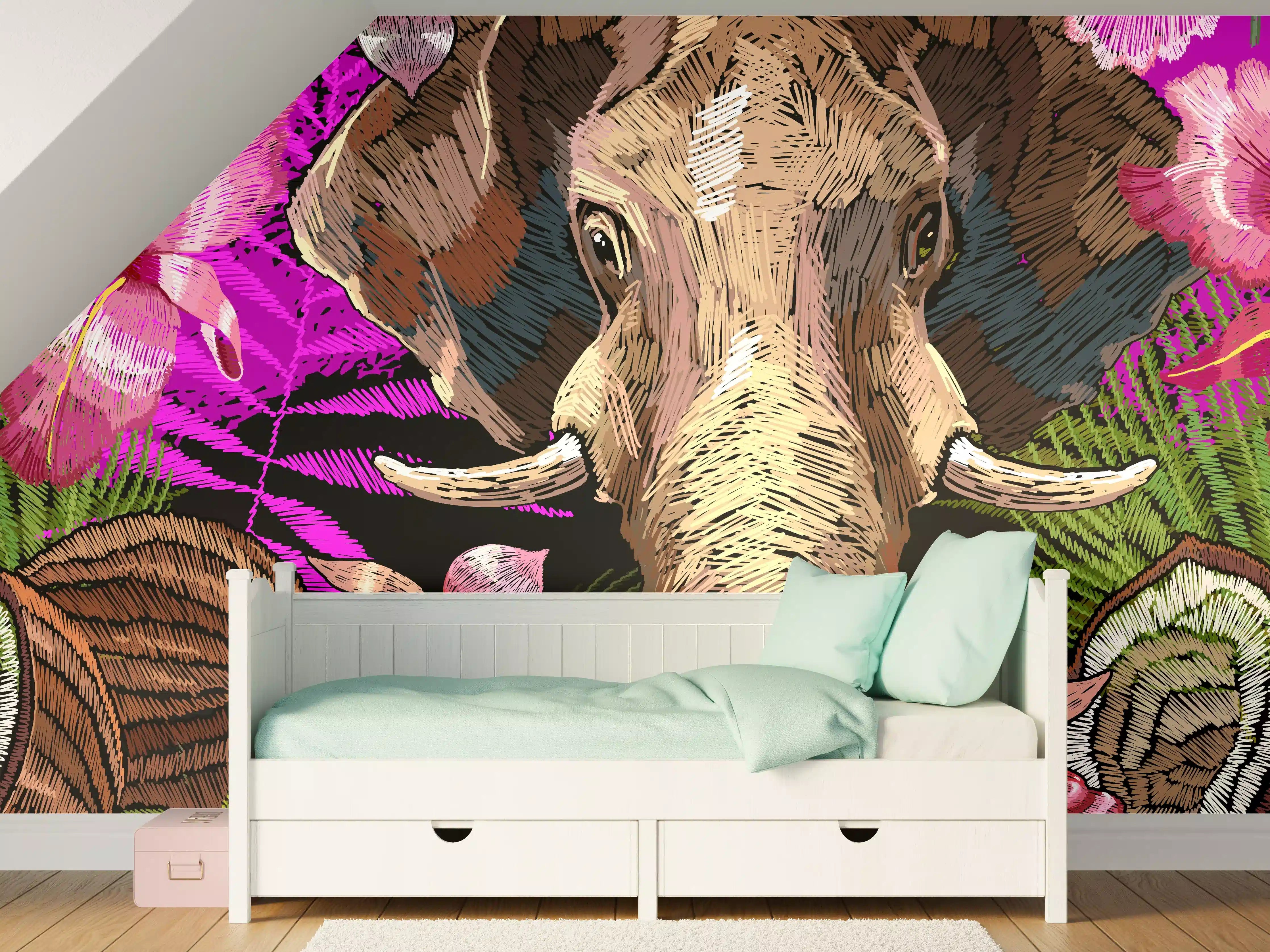 Kinderzimmer Wandgestaltung - Tropisches Elefantenkopf-Muster
