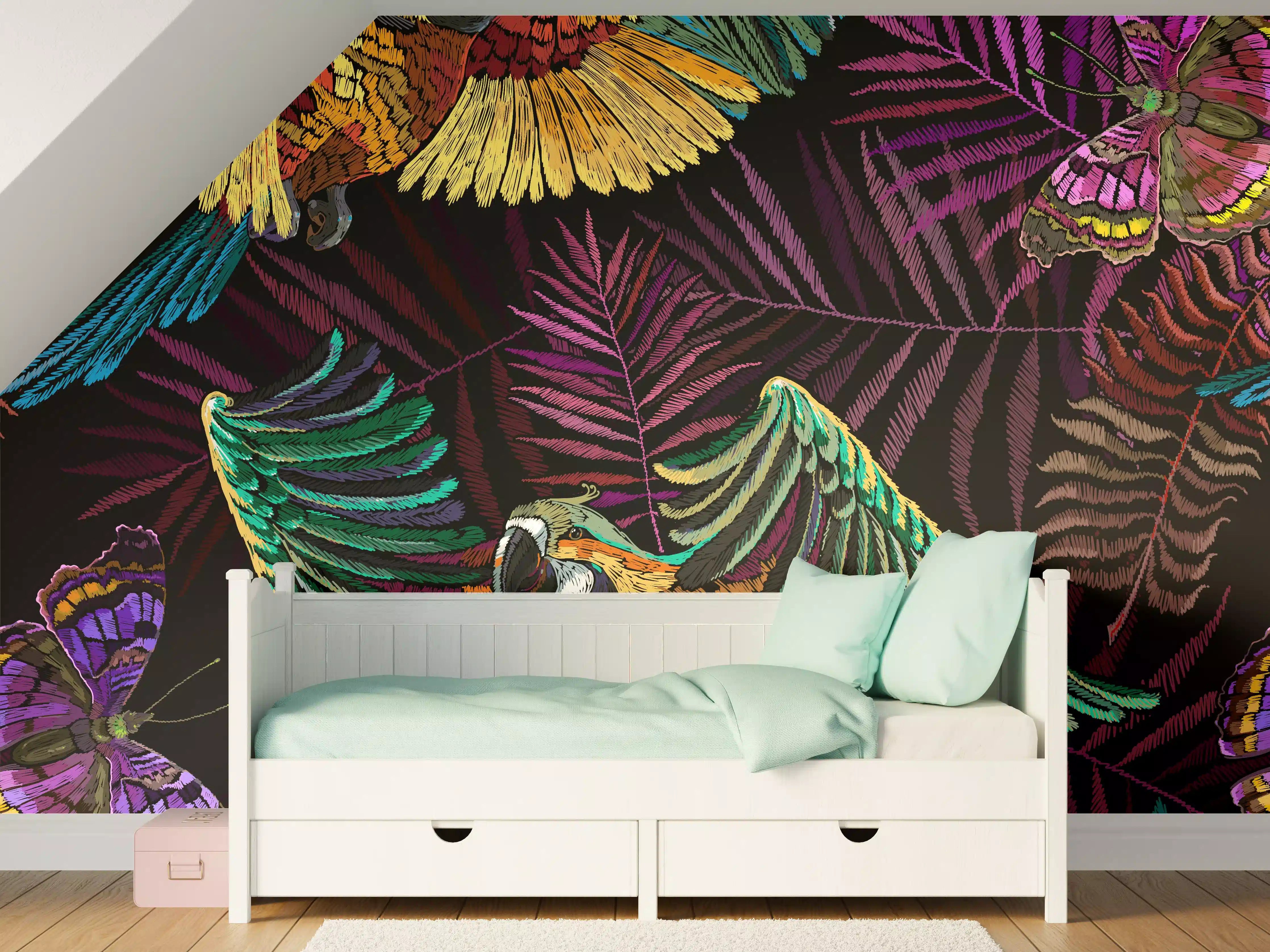 Kinderzimmer Wandgestaltung - Tropisches Papageien-Muster
