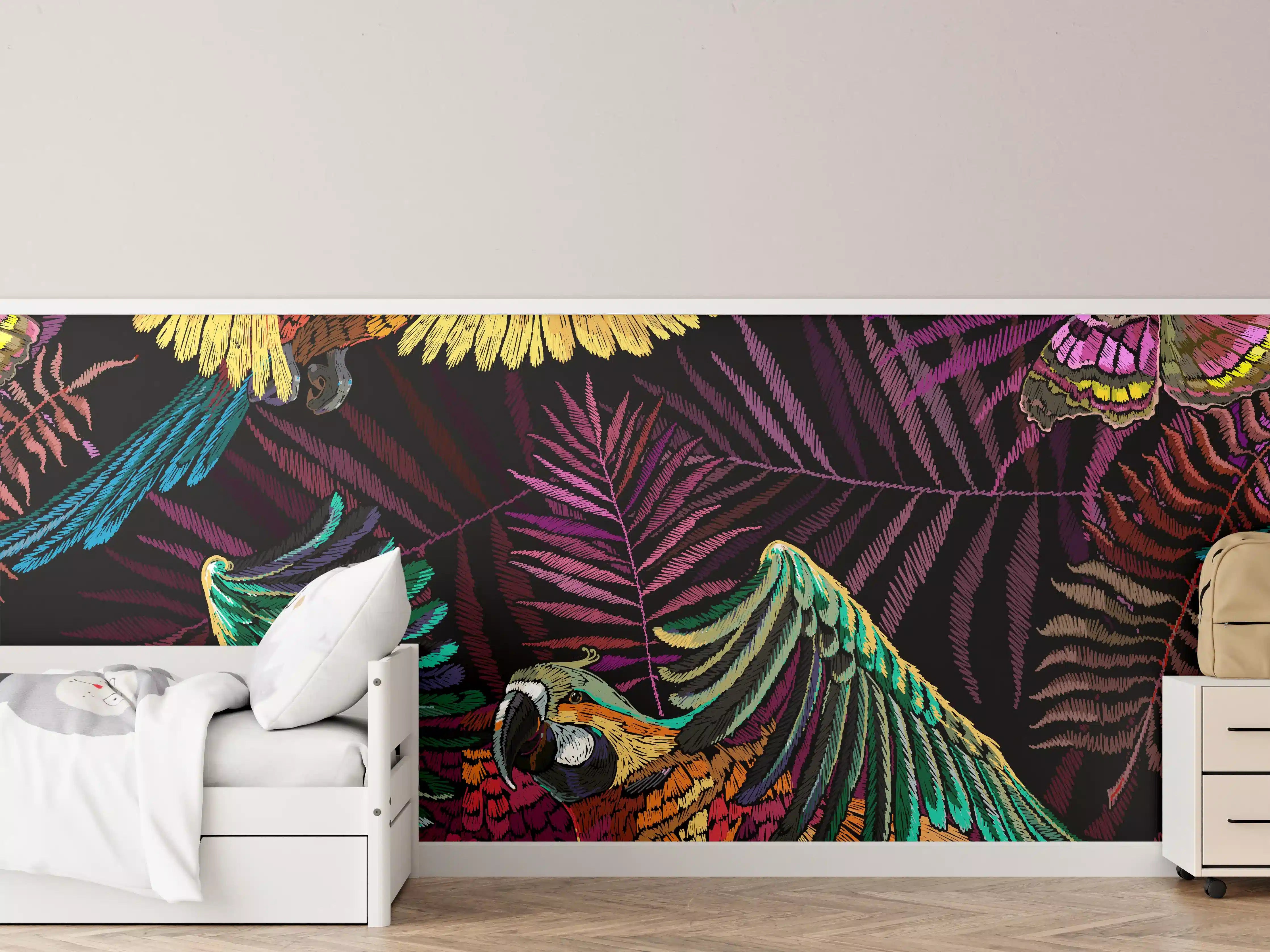 Kinderzimmer Wandgestaltung - Tropisches Papageien-Muster