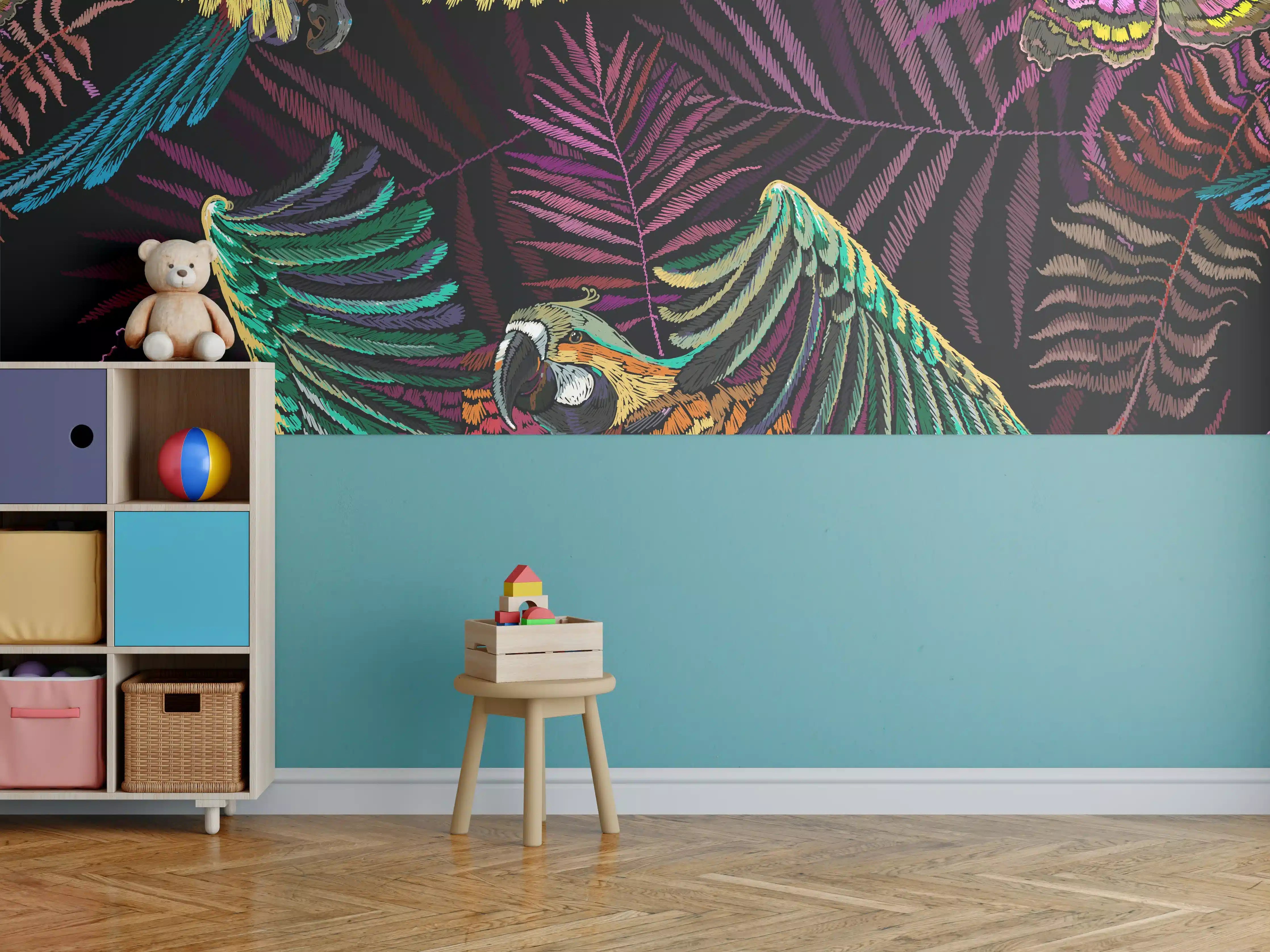 Kinderzimmer Wandgestaltung - Tropisches Papageien-Muster