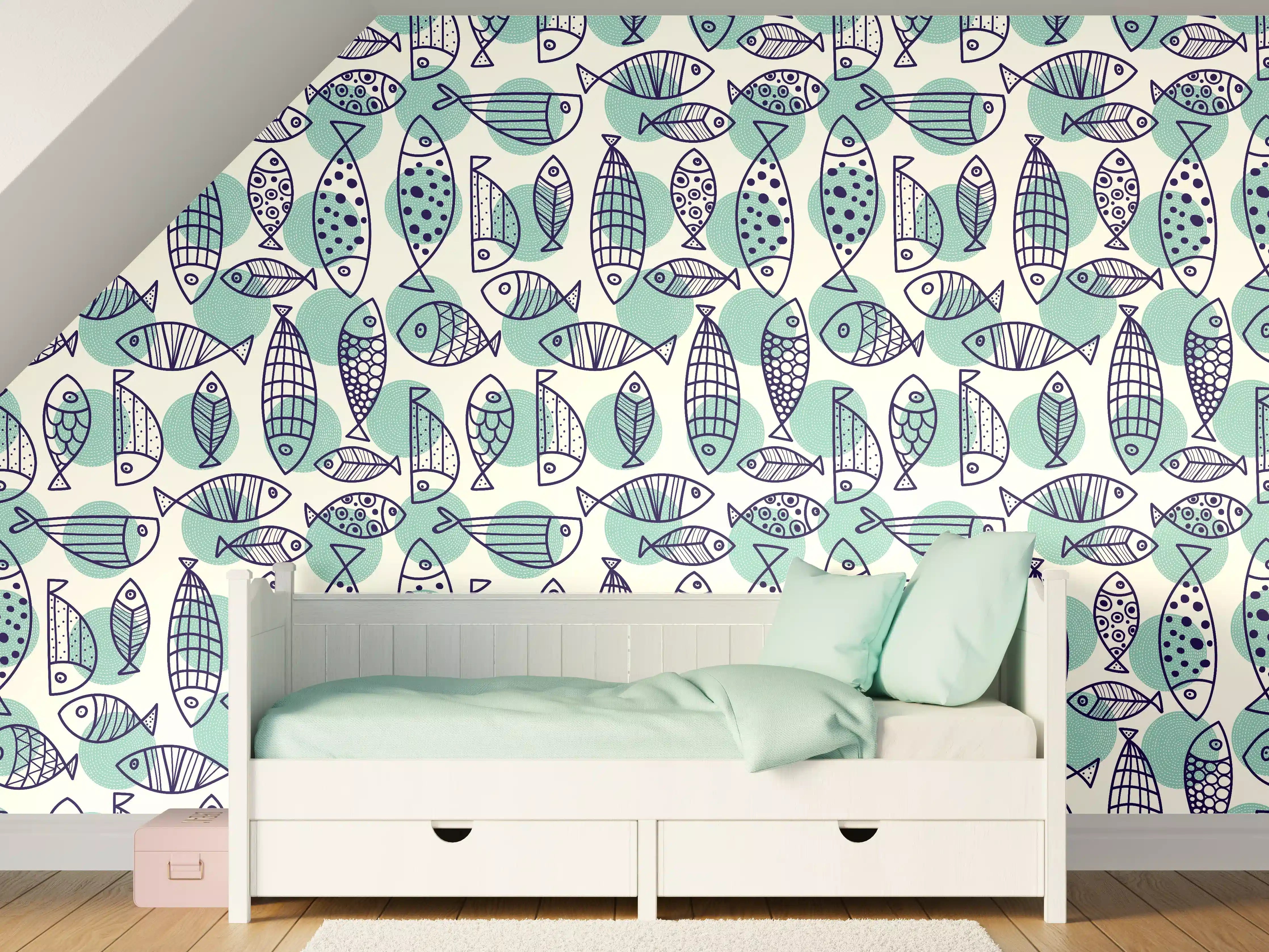 Kinderzimmer Wandgestaltung - Türkis-Blau Fischmuster