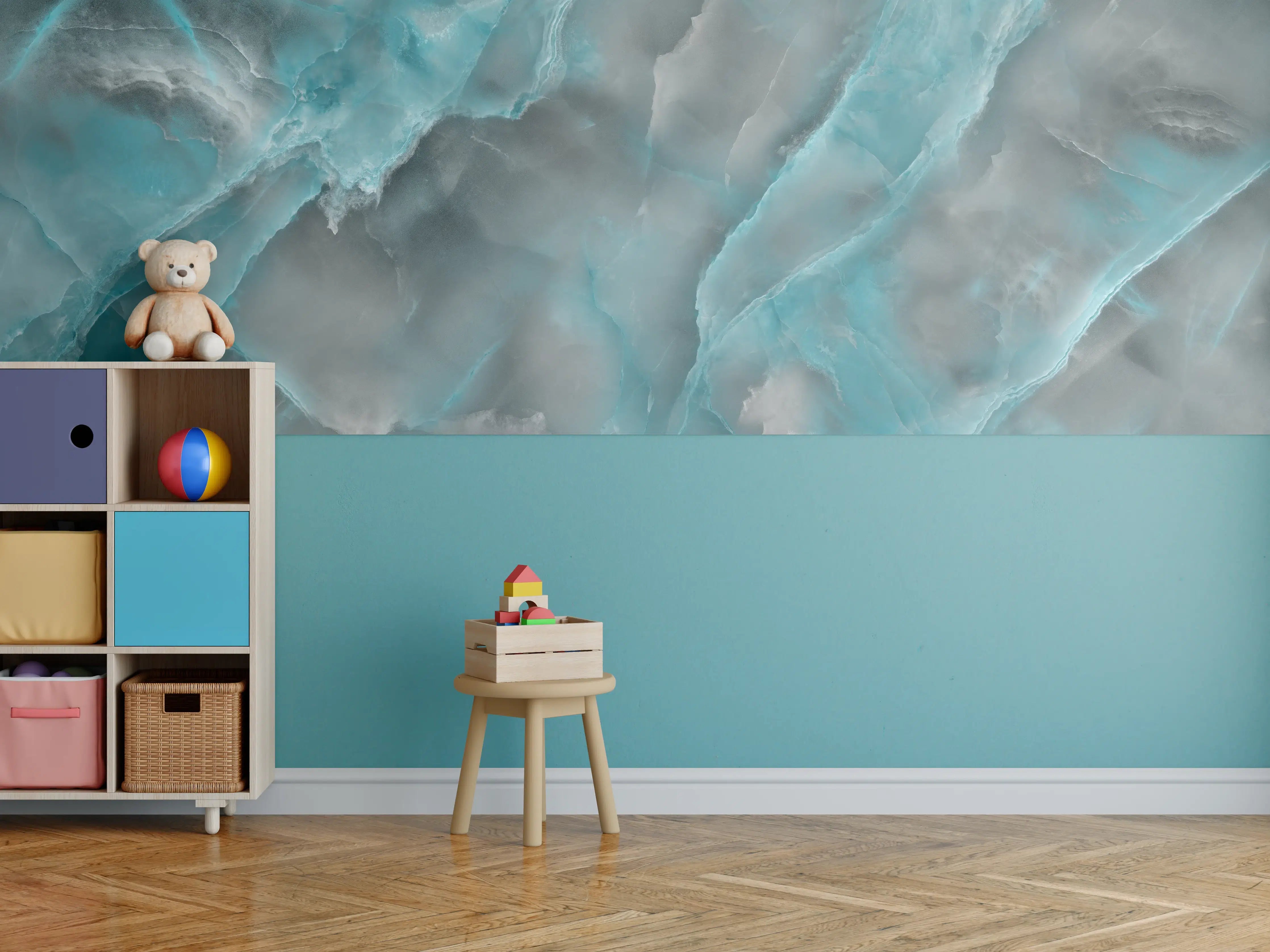 Kinderzimmer Wandgestaltung - Türkis-Grau-Steinmuster