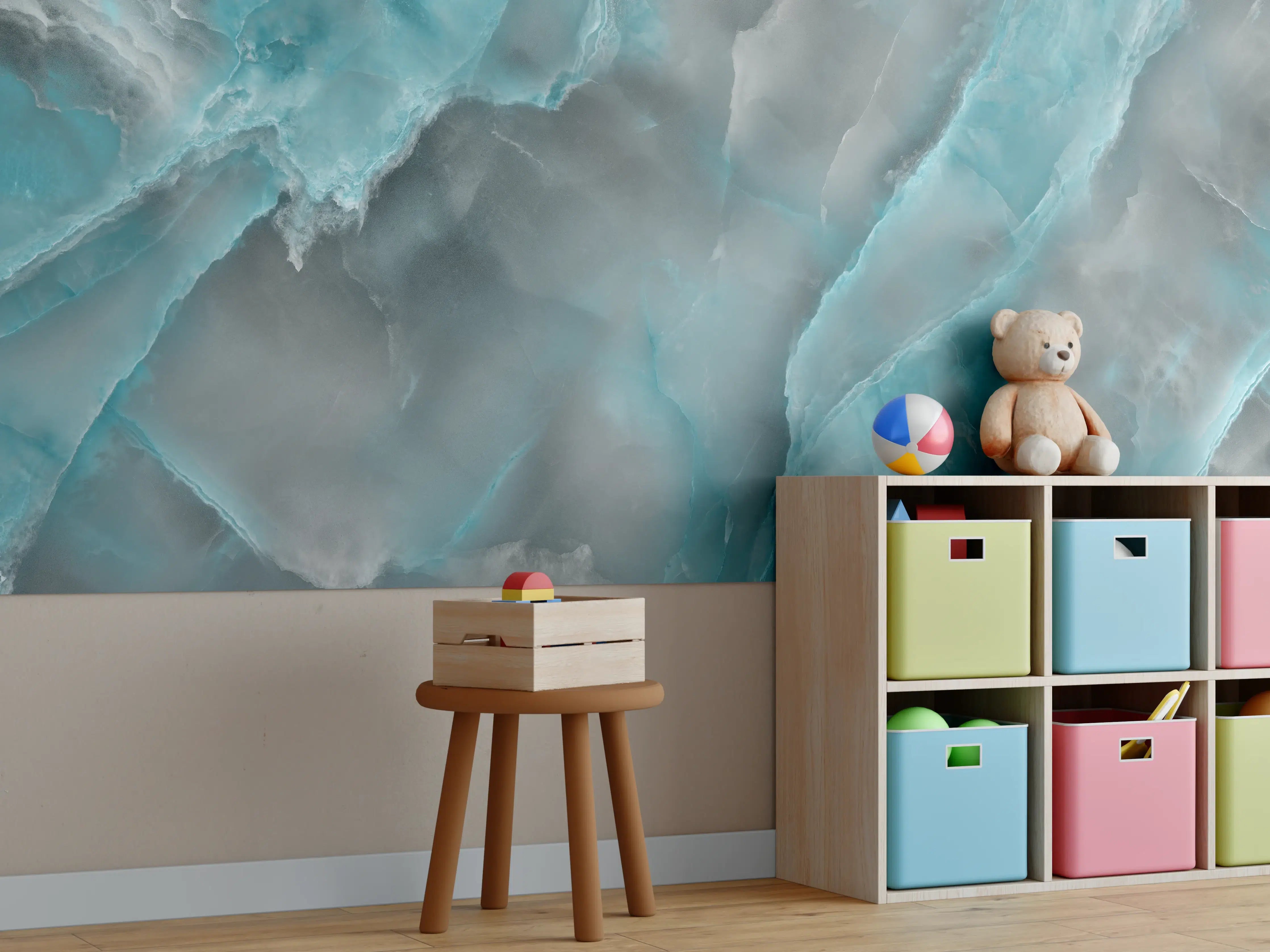 Kinderzimmer Wandgestaltung - Türkis-Grau-Steinmuster