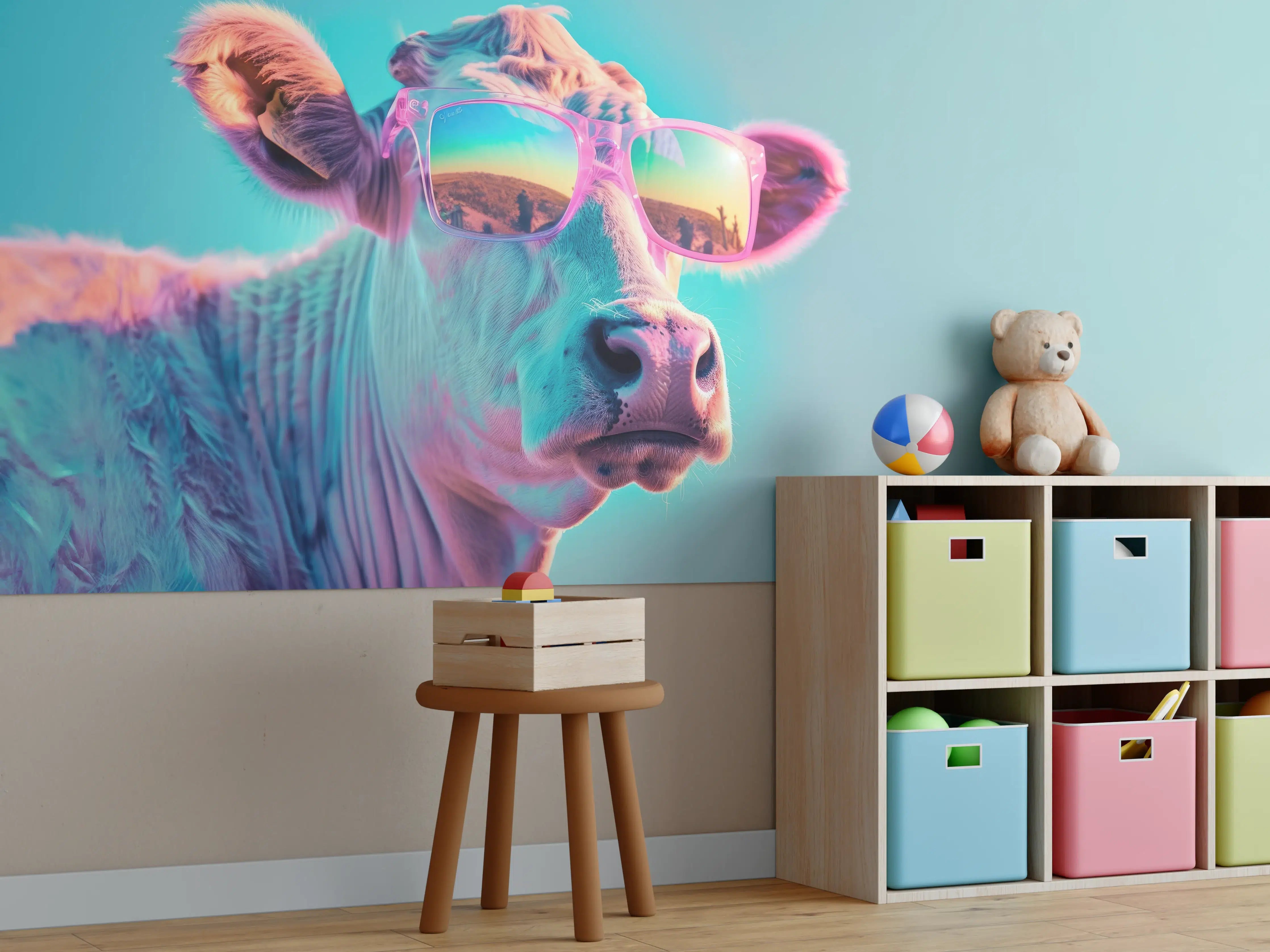 Kinderzimmer Wandgestaltung - Türkis-Pastell-Kuh mit Sonnenbrille