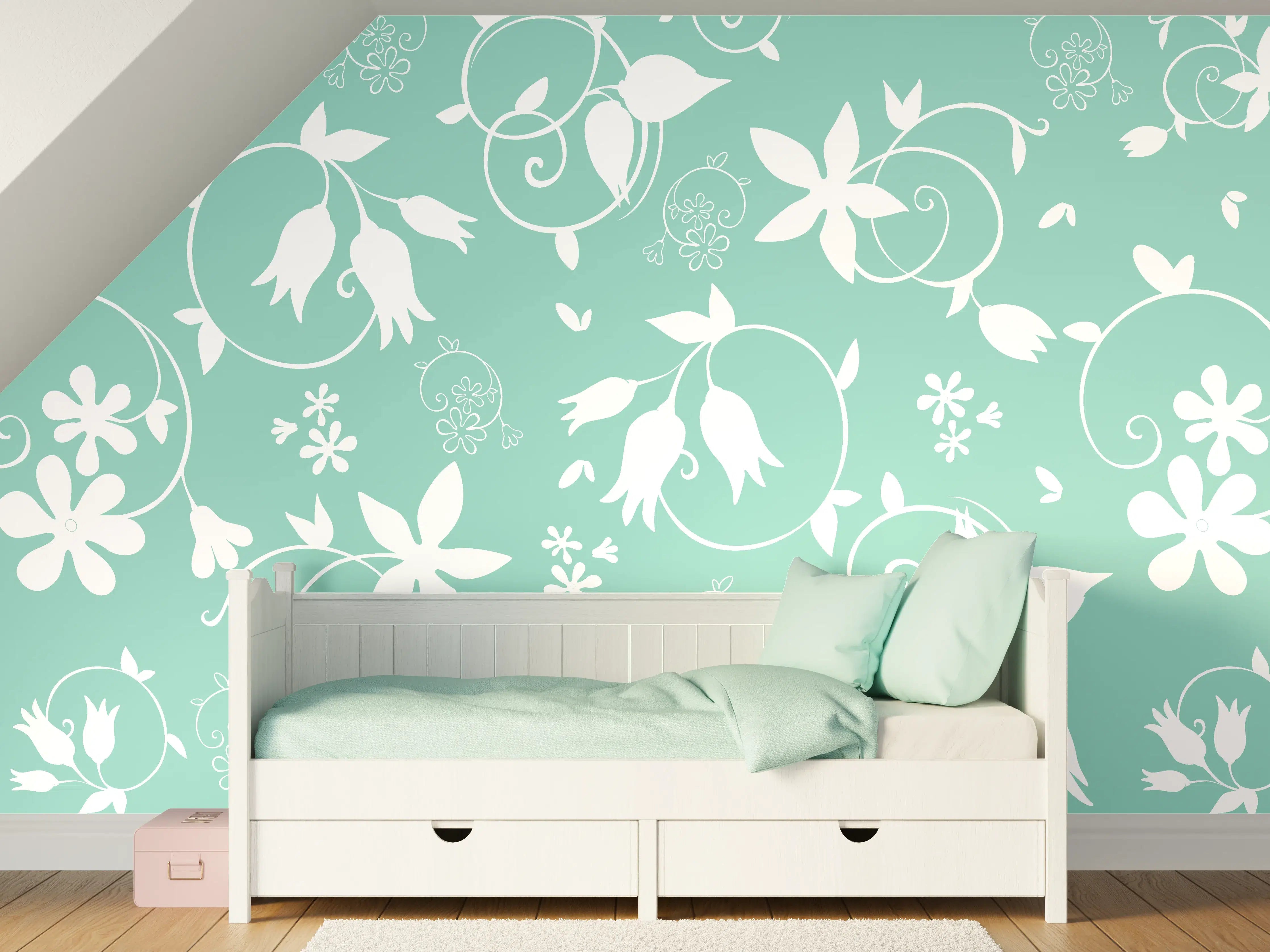 Kinderzimmer Wandgestaltung - Türkis-Weiß Blumenmuster