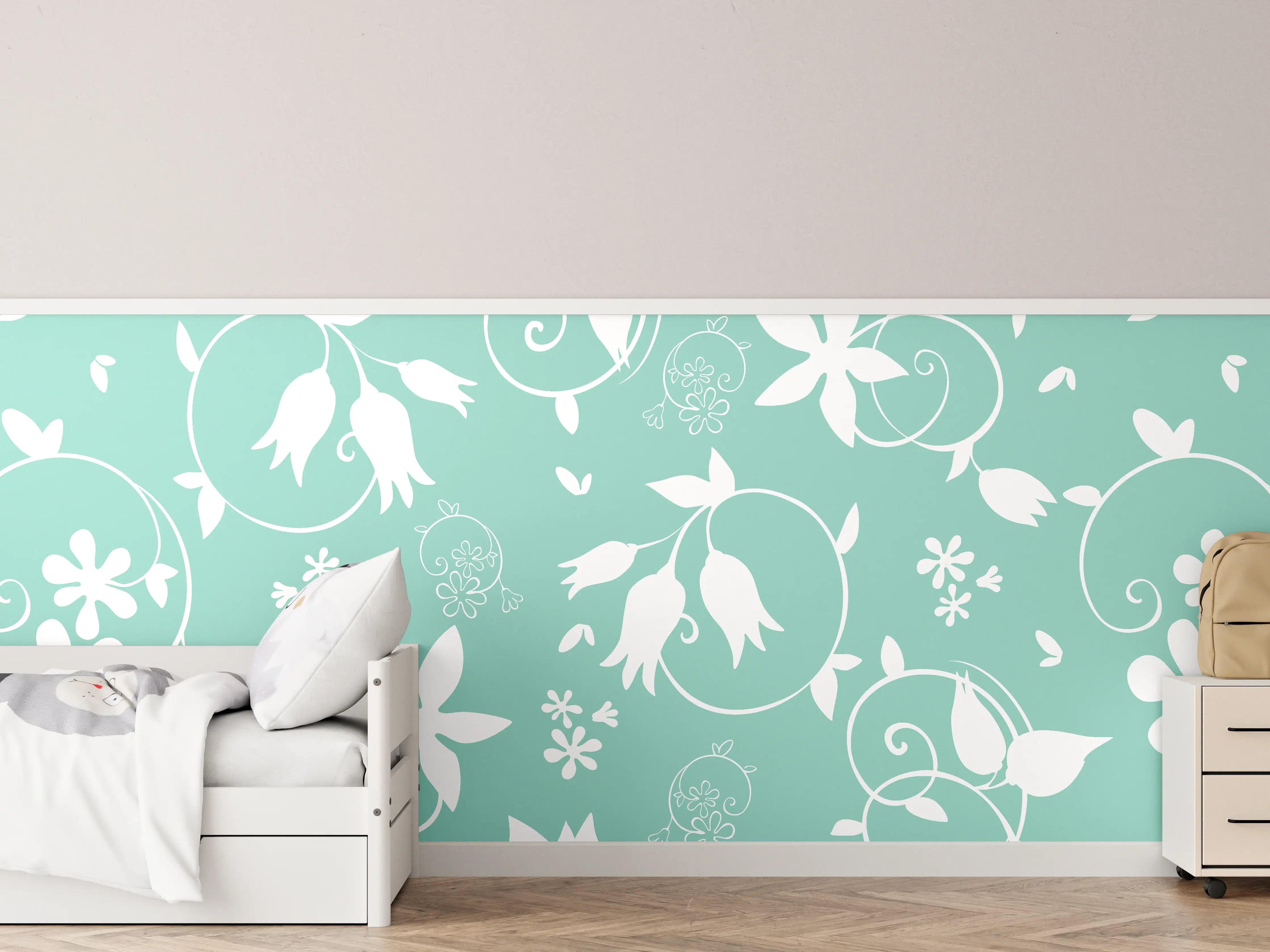 Kinderzimmer Wandgestaltung - Türkis-Weiß Blumenmuster