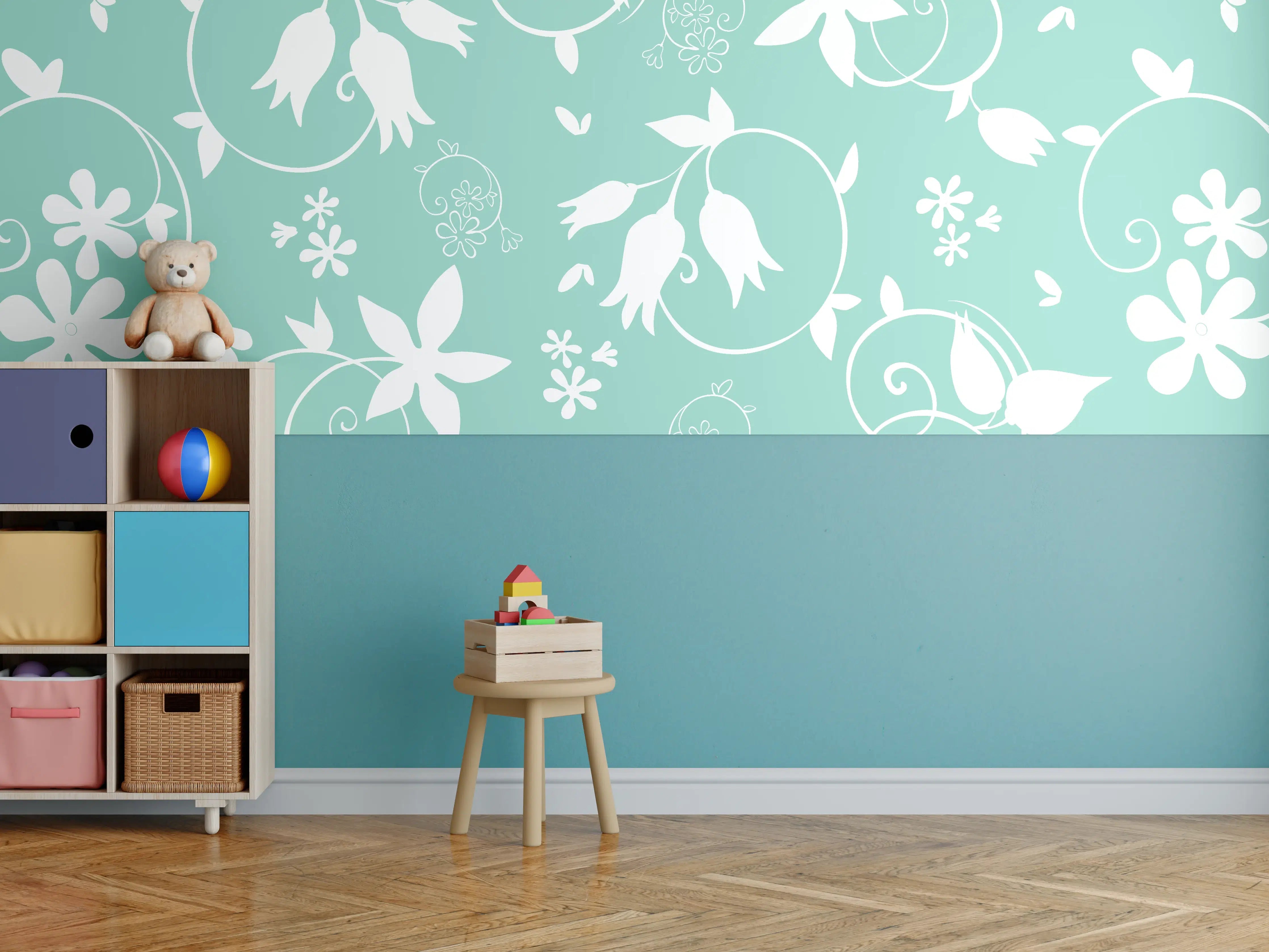 Kinderzimmer Wandgestaltung - Türkis-Weiß Blumenmuster