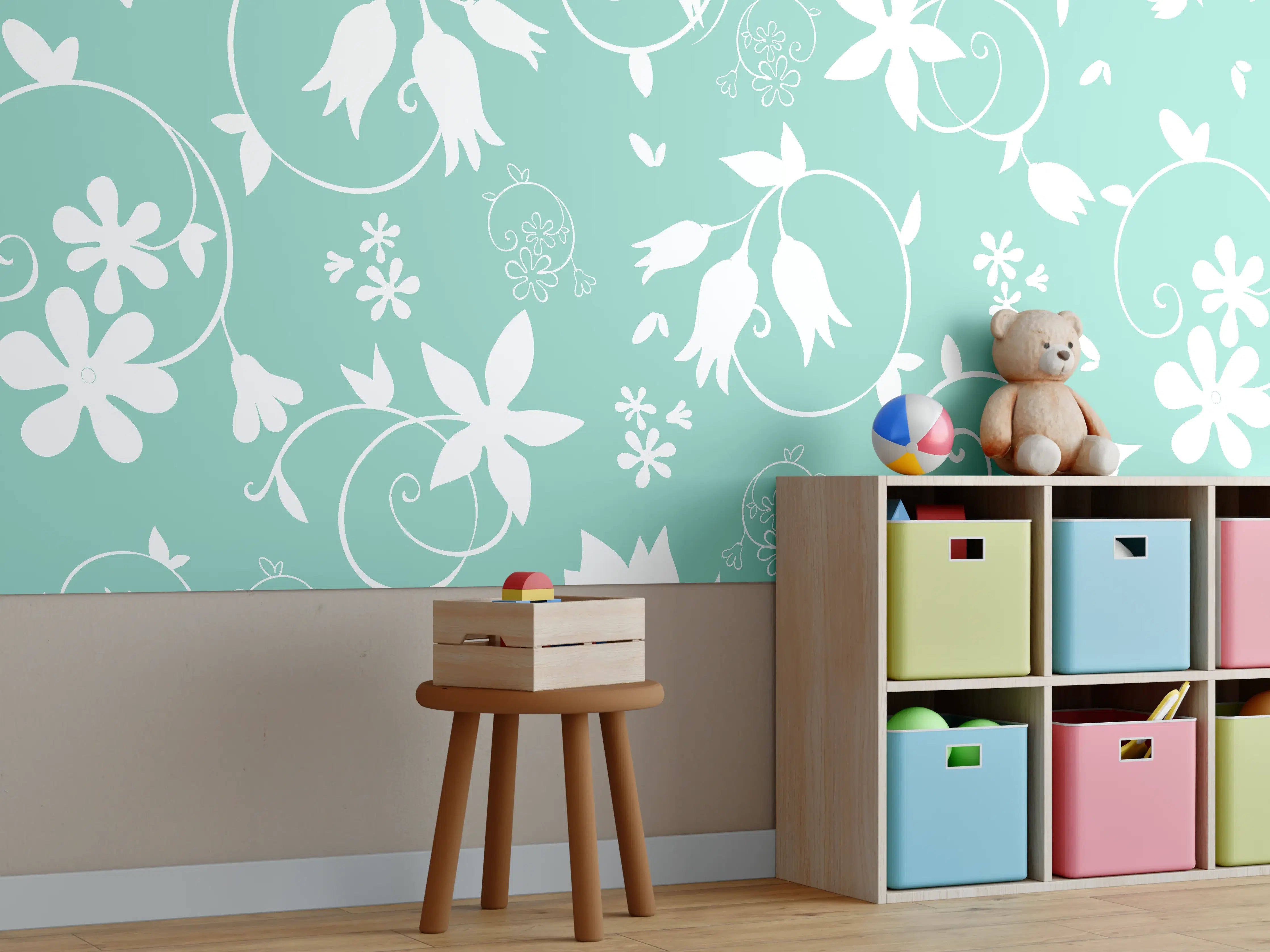 Kinderzimmer Wandgestaltung - Türkis-Weiß Blumenmuster
