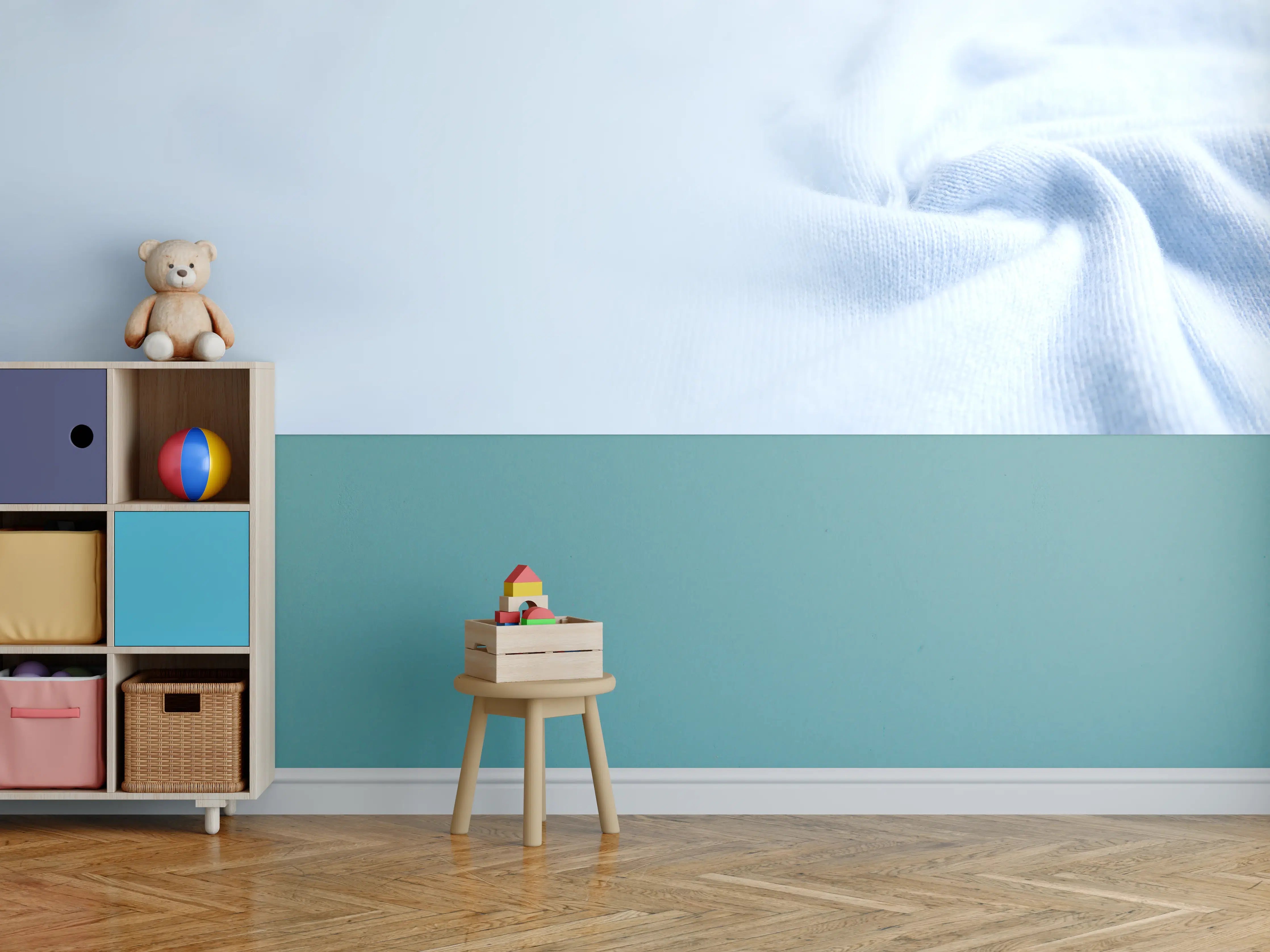 Kinderzimmer Wandgestaltung - Türkiser Kaschmirstoff