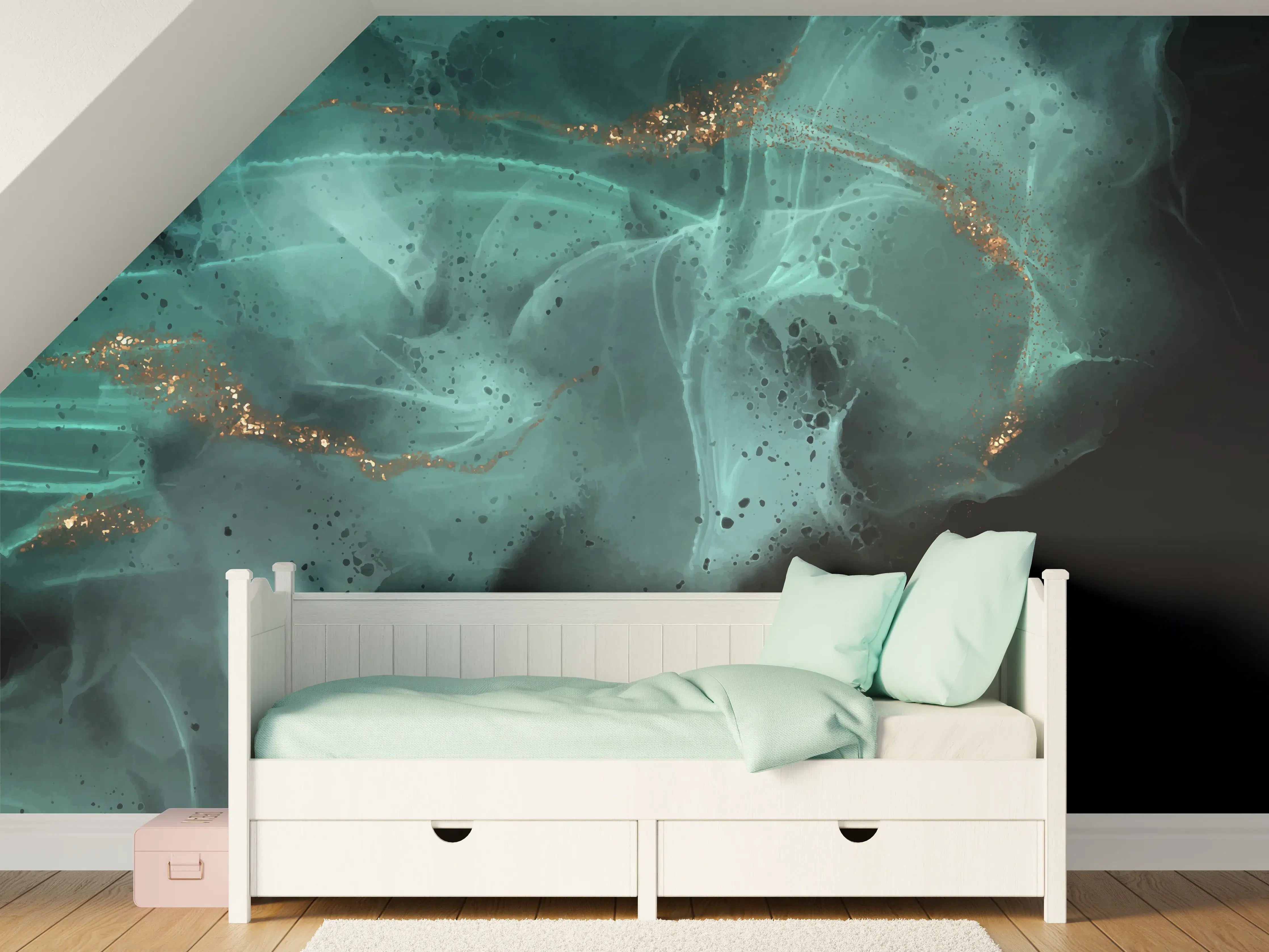 Kinderzimmer Wandgestaltung - Türkisfarbene Tintenkunst mit Gold