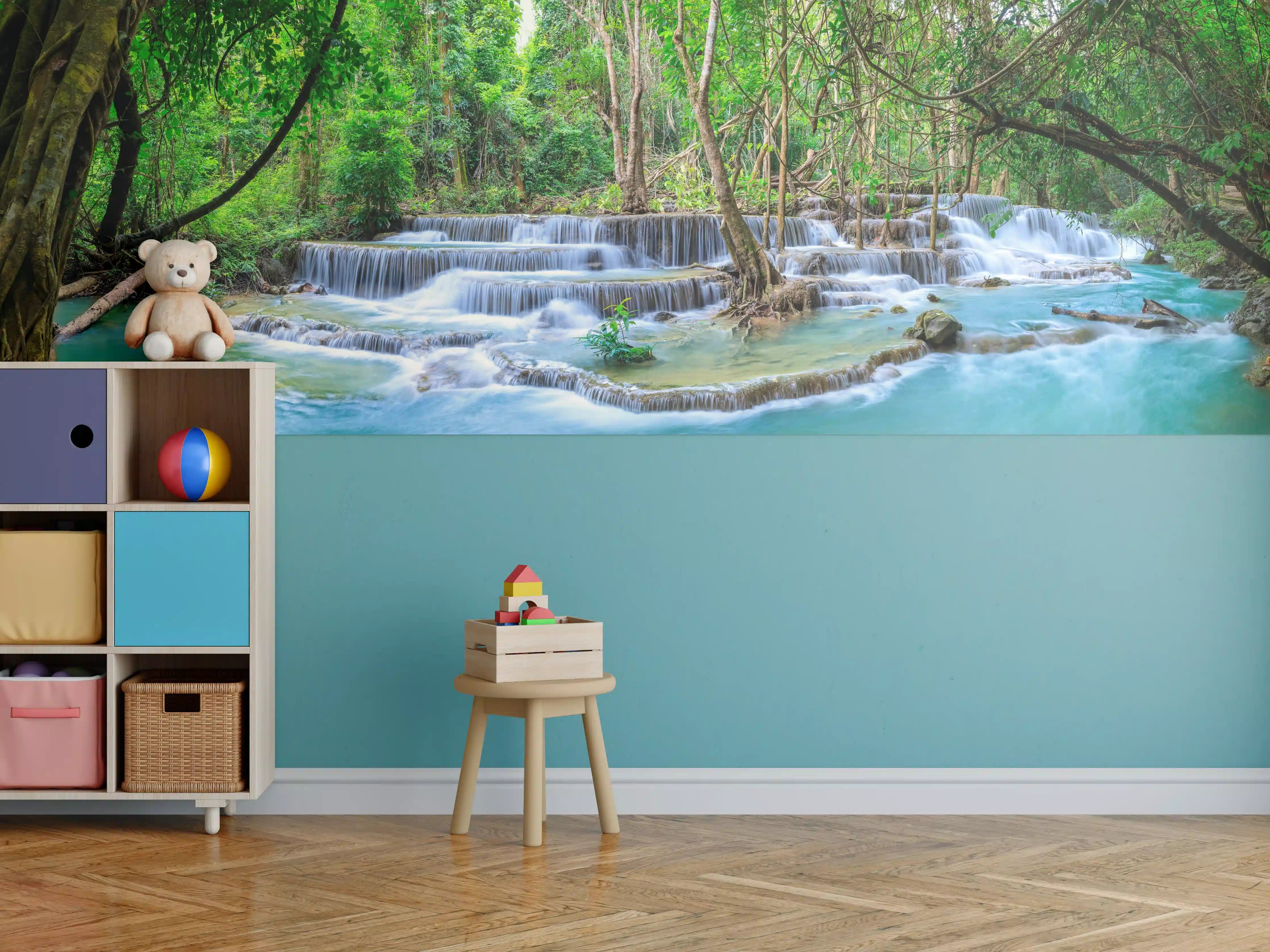 Kinderzimmer Wandgestaltung - Türkisgrüner Dschungel-Wasserfall