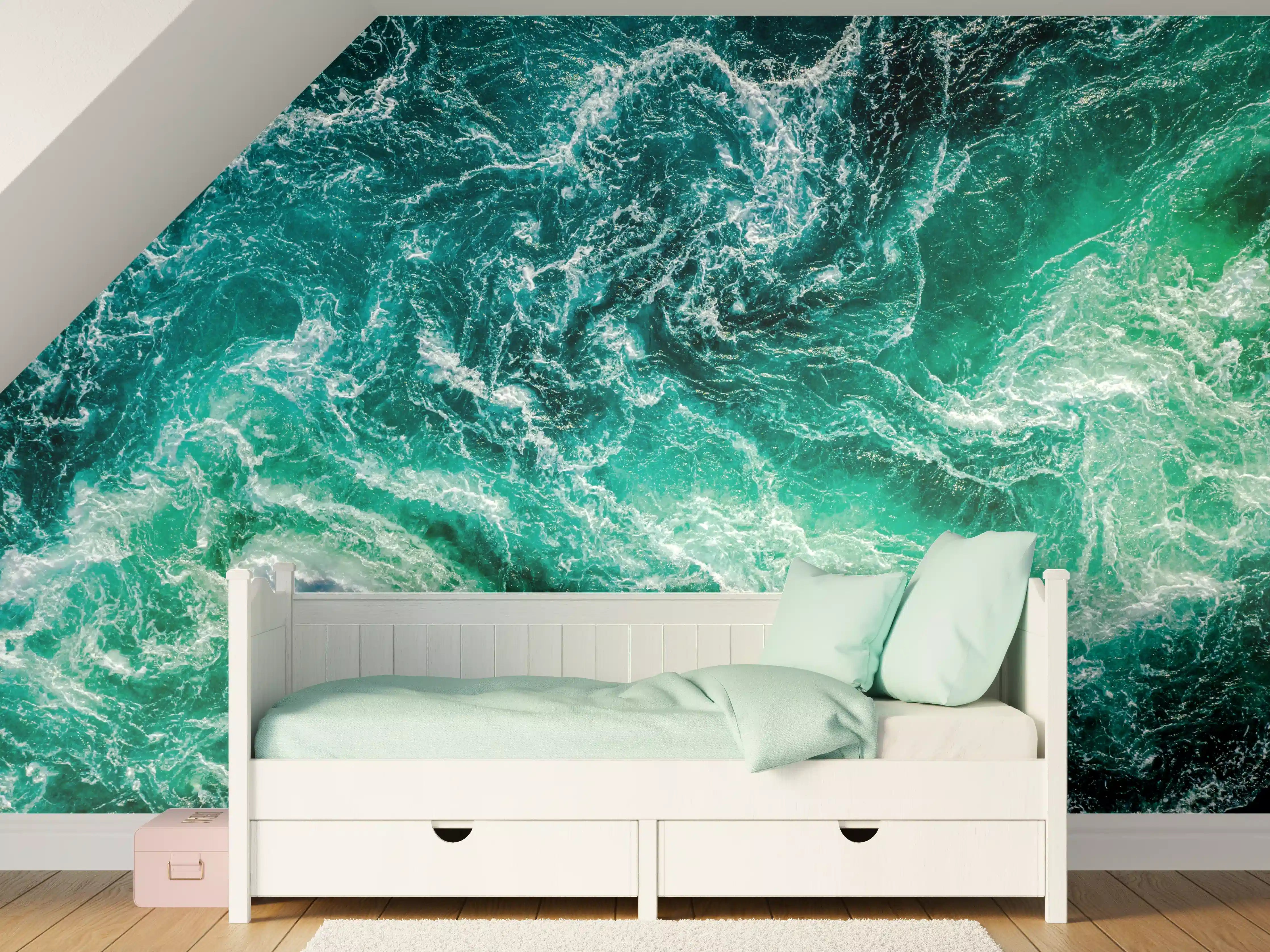 Kinderzimmer Wandgestaltung - Turbulente Wasserbewegung in aquamarin und Grün