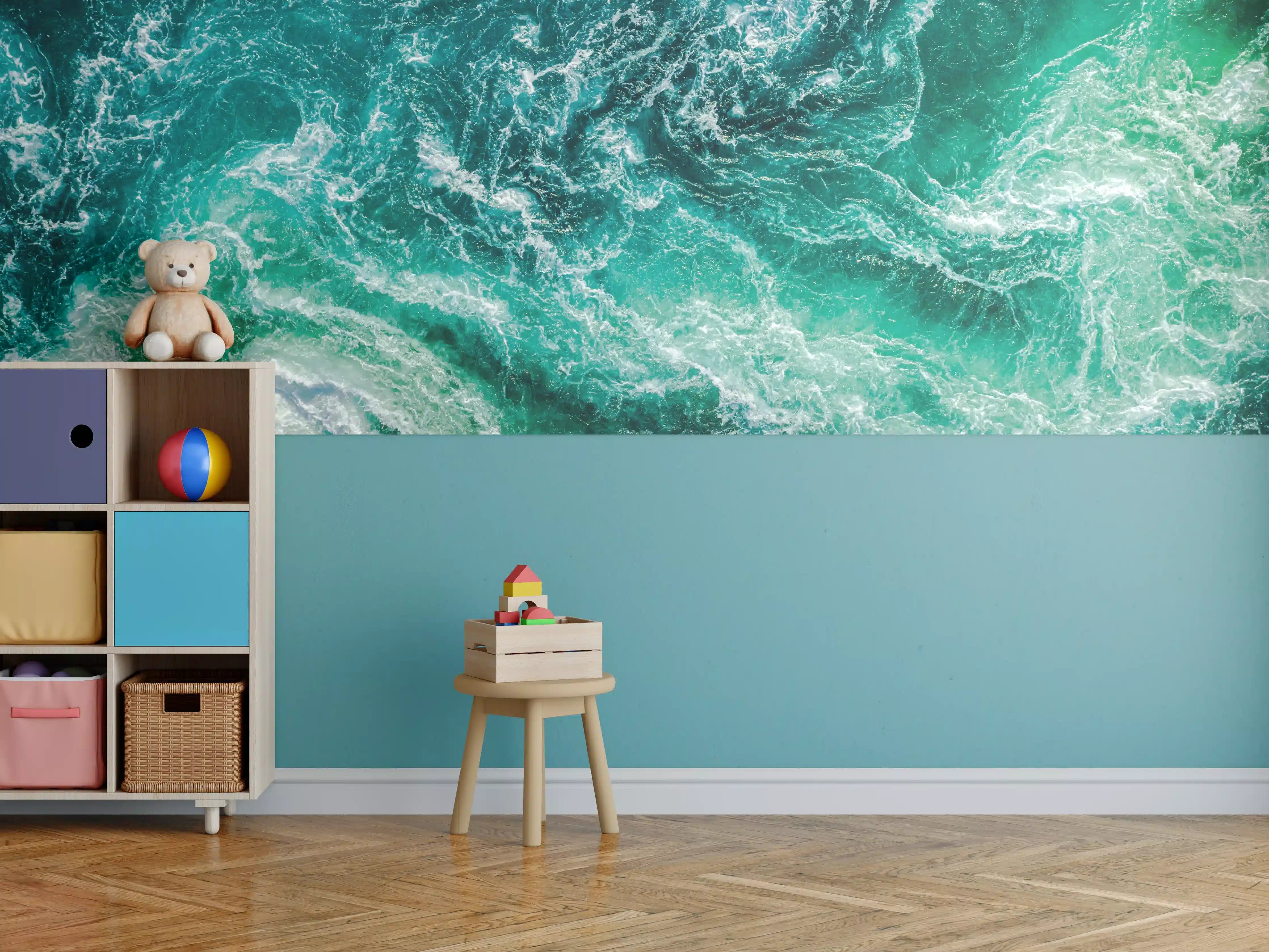 Kinderzimmer Wandgestaltung - Turbulente Wasserbewegung in aquamarin und Grün