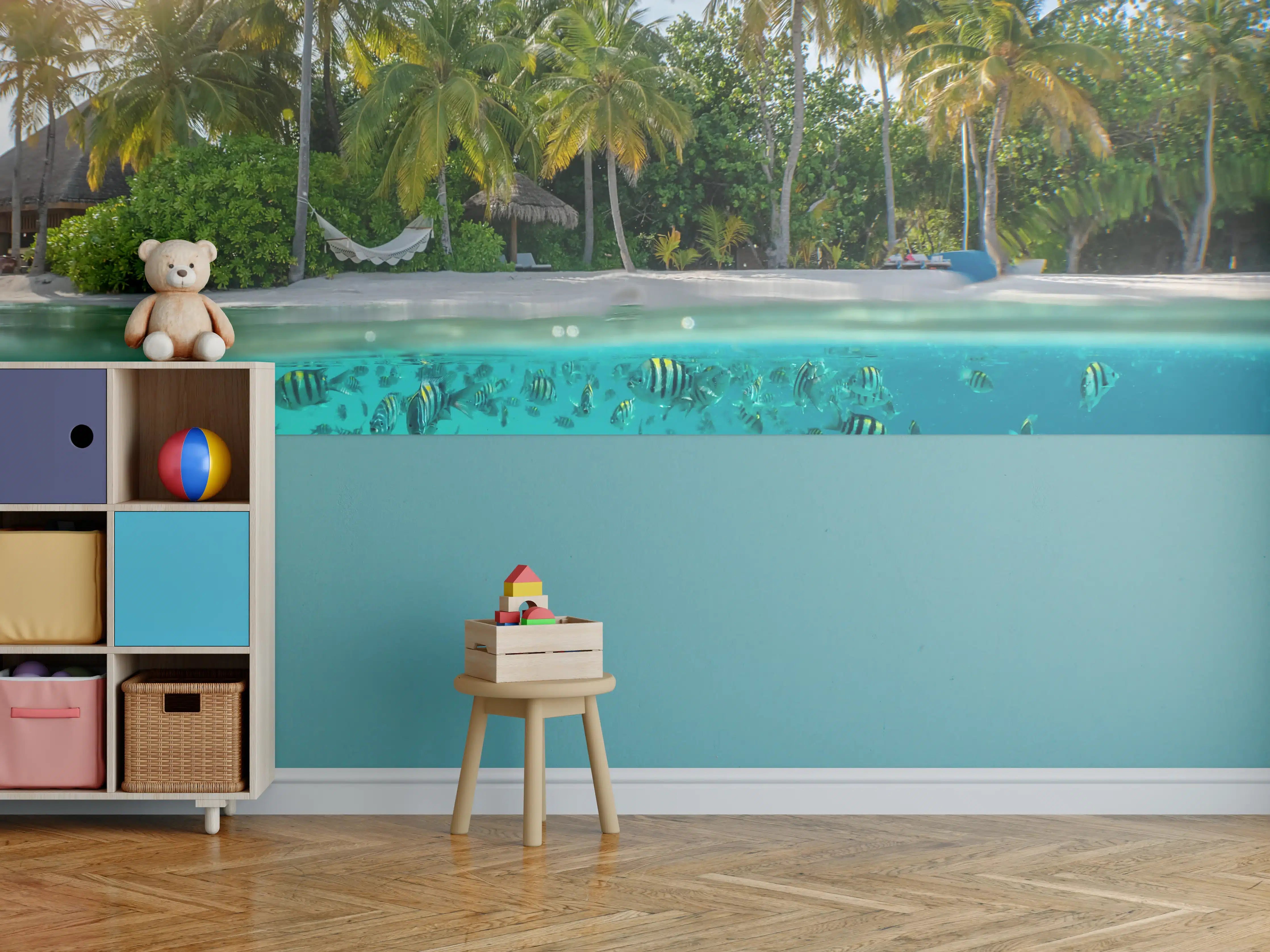 Kinderzimmer Wandgestaltung - Über- und Unterwasserblick auf tropischen Strand