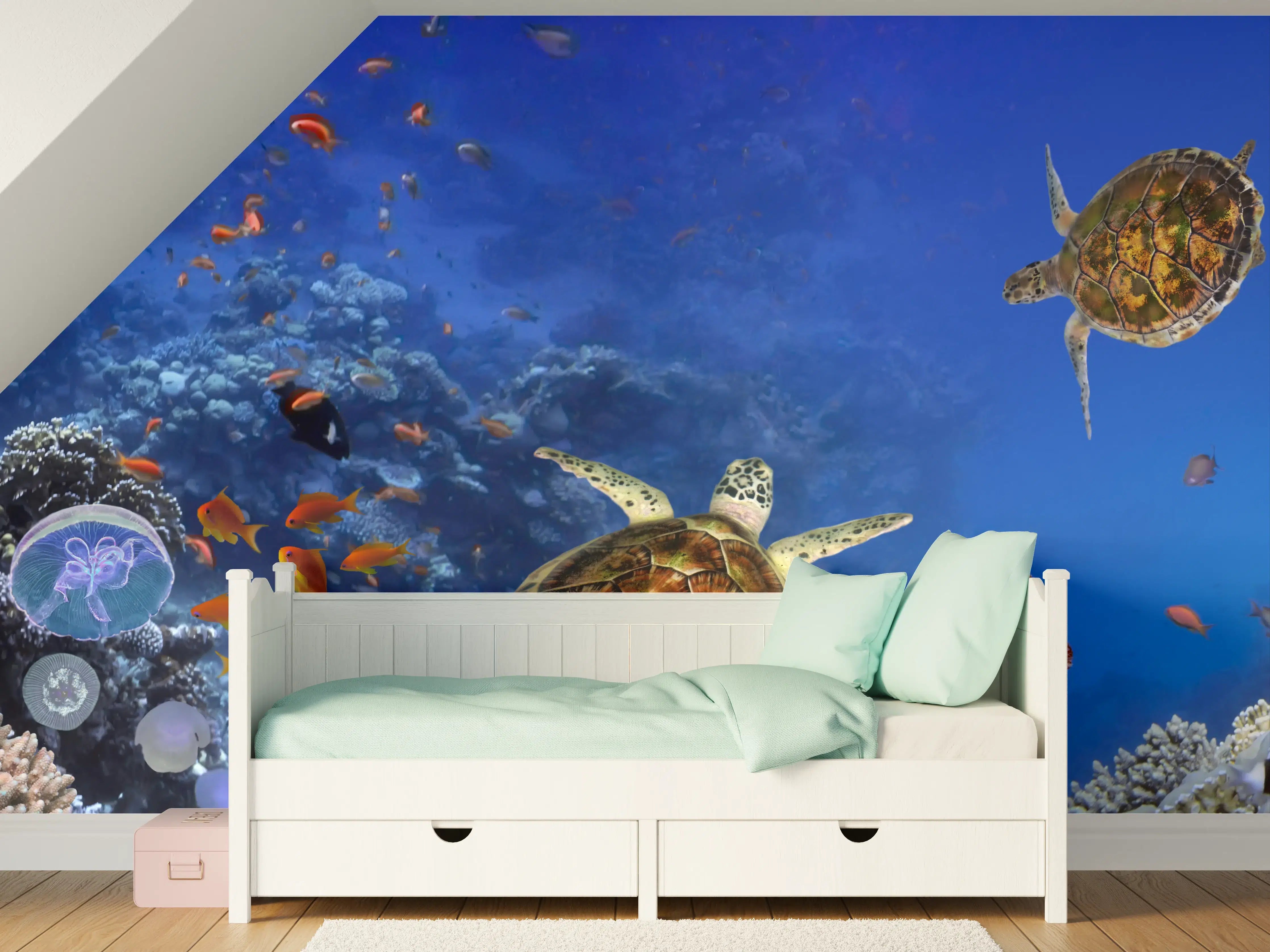 Kinderzimmer Wandgestaltung - Unterwasser-Panorama mit Schildkröte