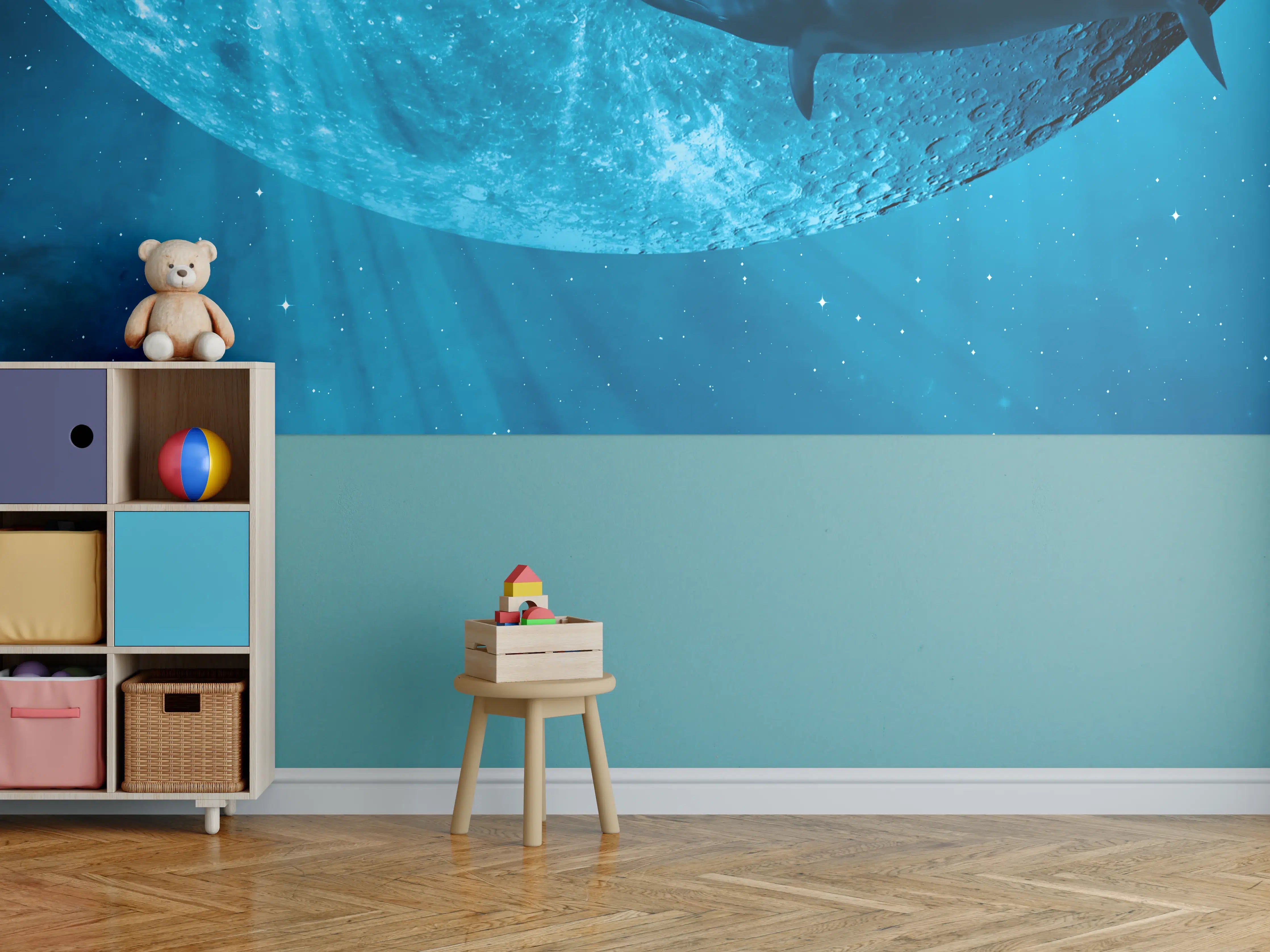 Kinderzimmer Wandgestaltung - Unterwasserwelt mit Haifisch in Blau