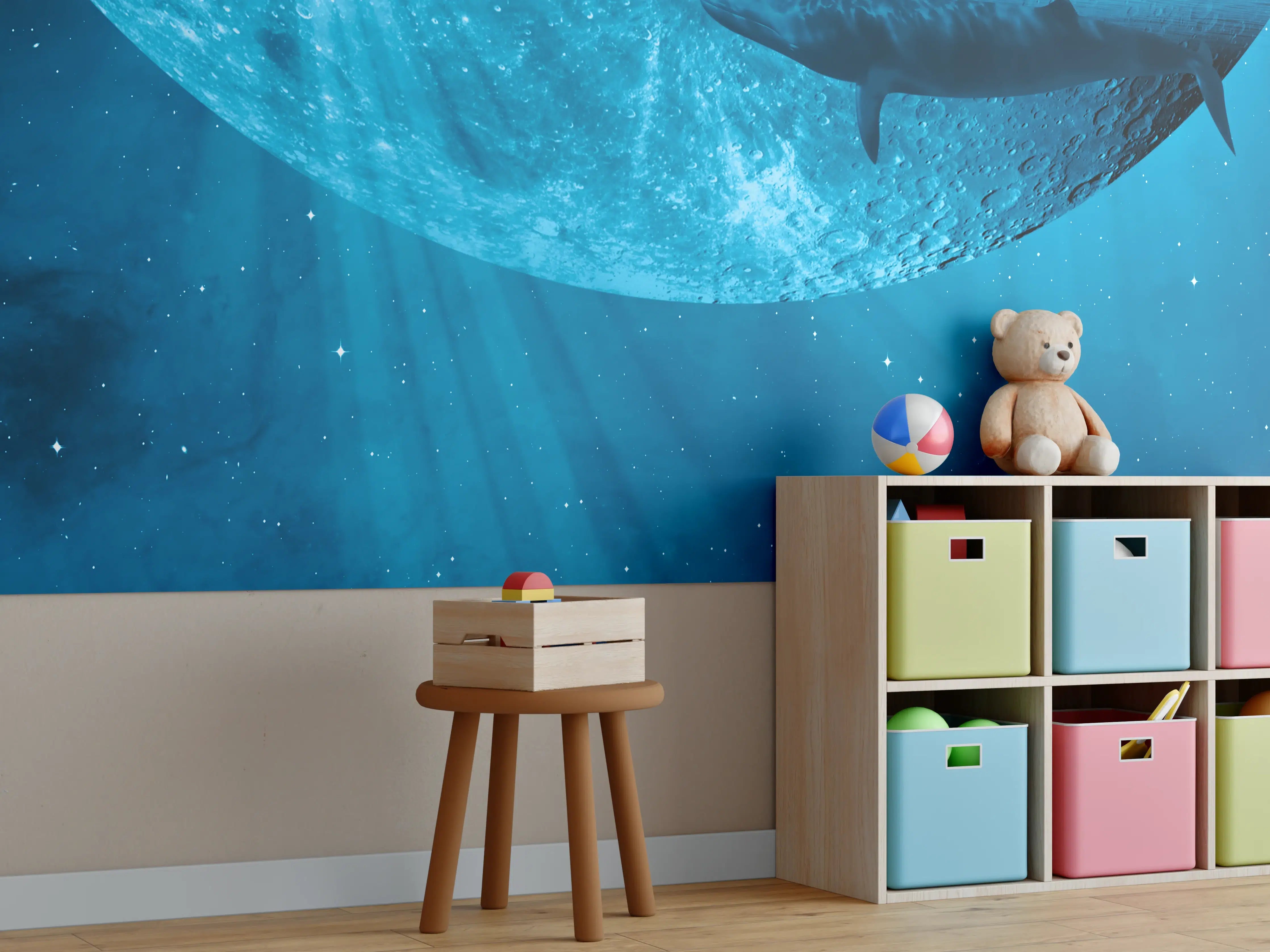Kinderzimmer Wandgestaltung - Unterwasserwelt mit Haifisch in Blau